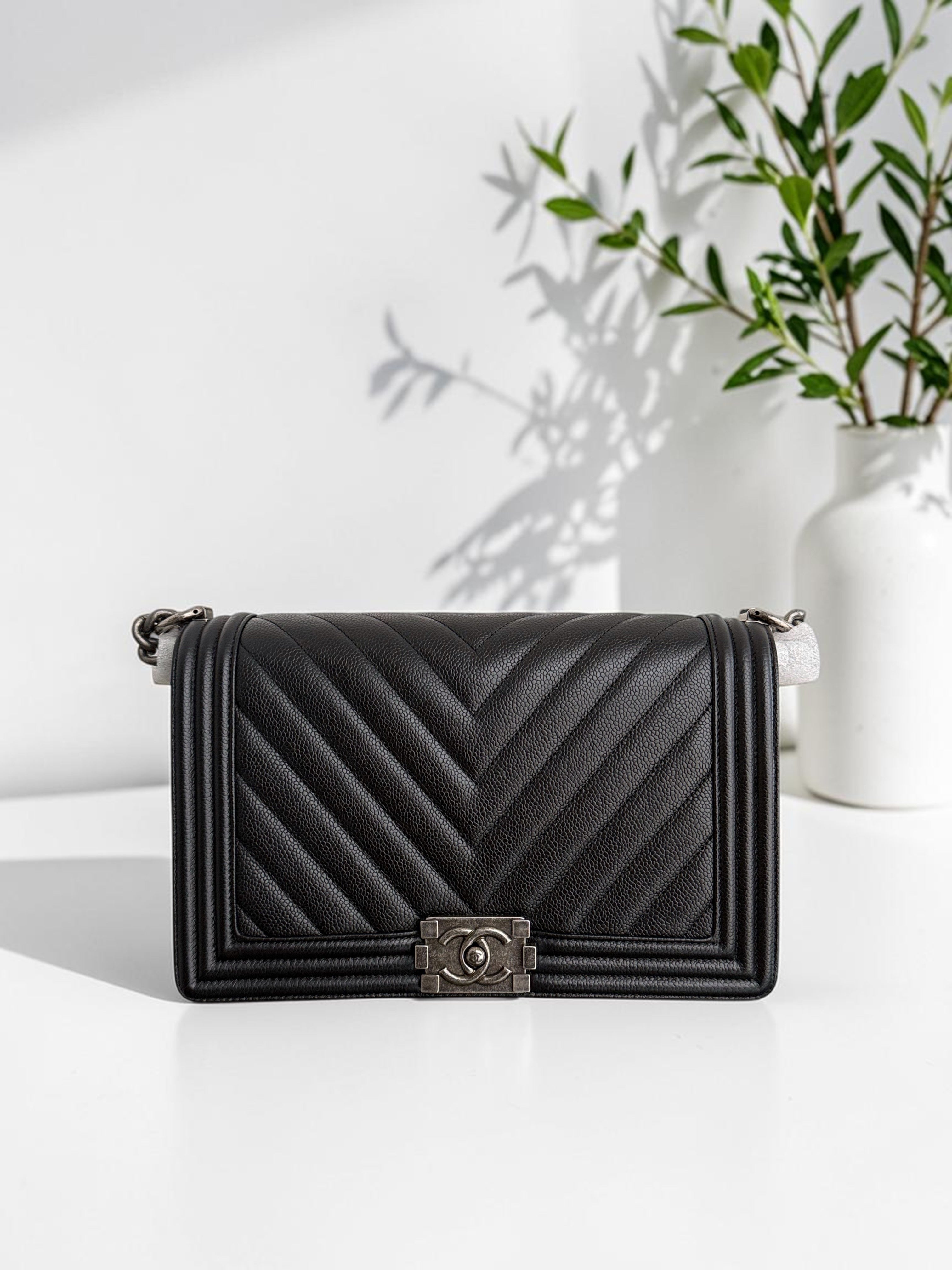 Chanel Boy New Medium - 28CM Caviar Quilted BlackRuthenium Silver Hardware Series 28