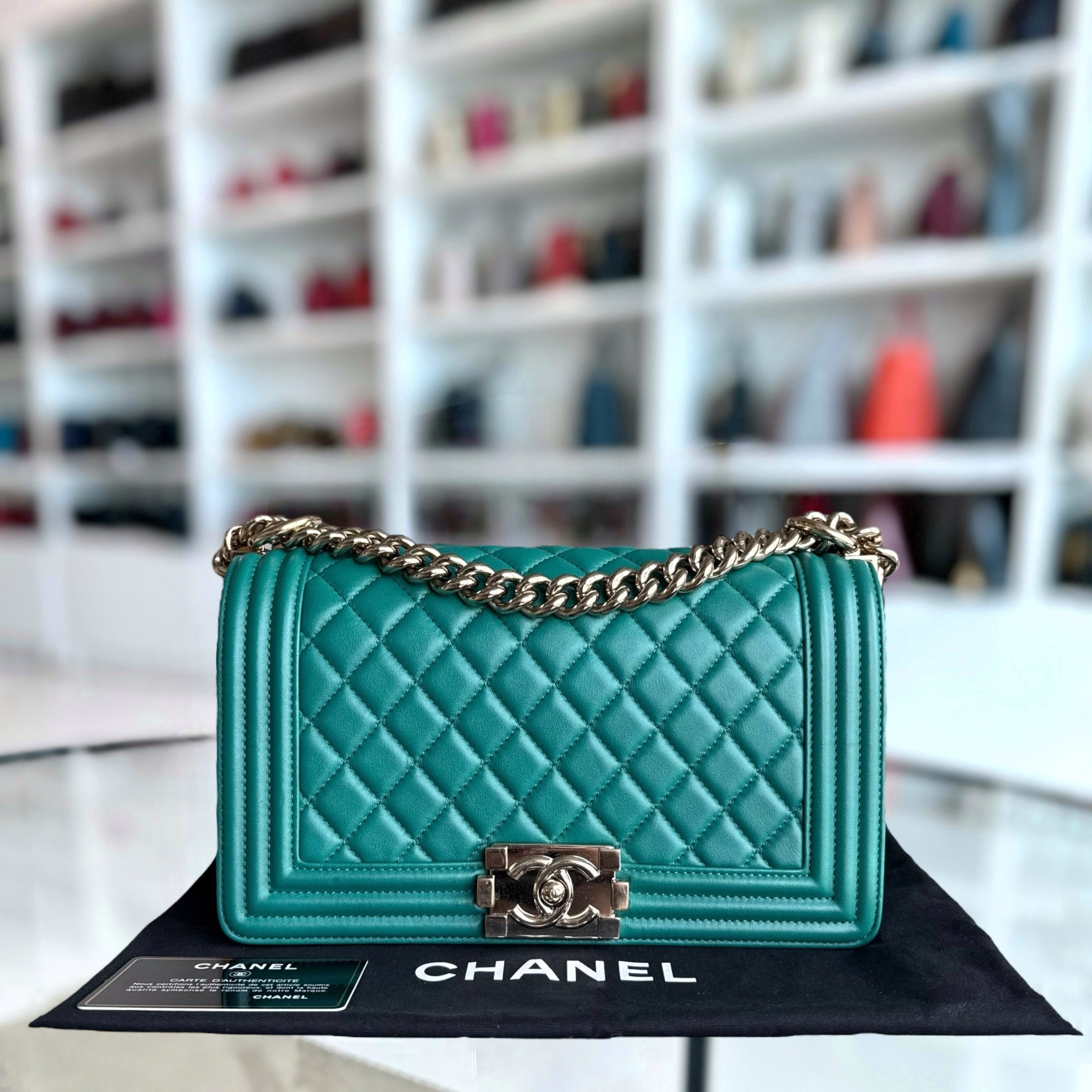 Chanel Boy Medium - 25CM Quilted Lambskin Green Gold Hardware Series 28