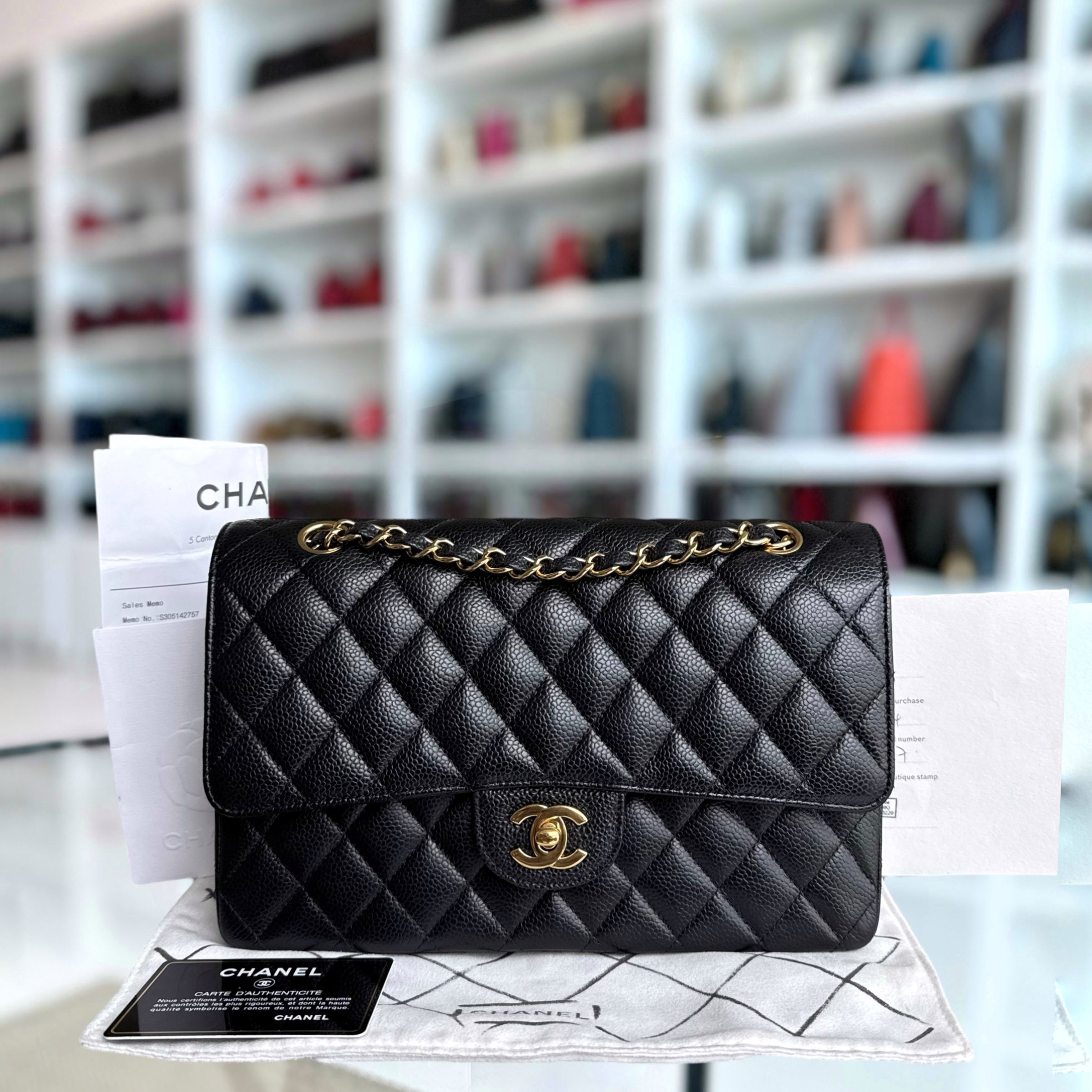 Chanel Classic Flap Medium - Caviar 25CM Quilted Black Gold Hardware Series 19
