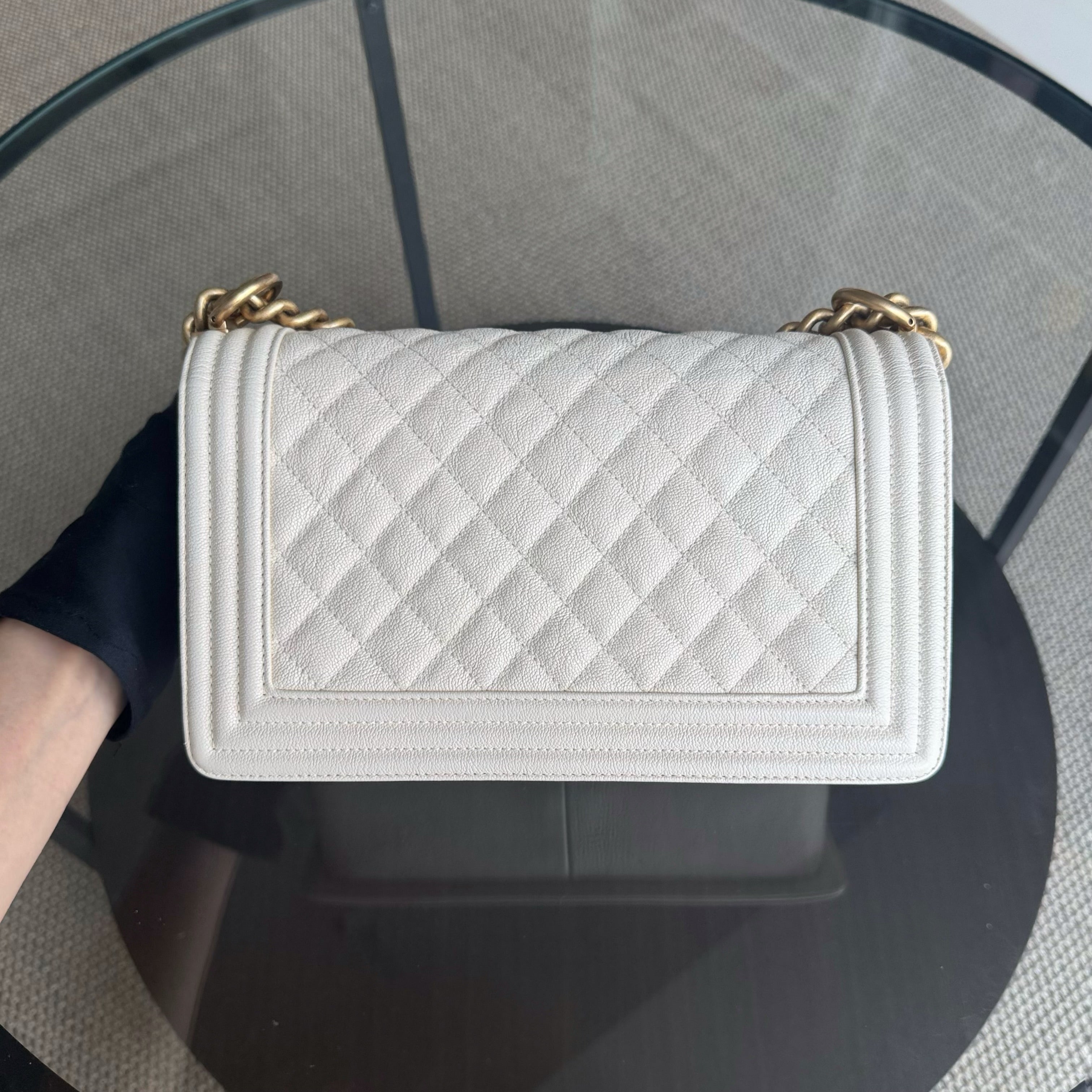 Chanel Boy Medium - Caviar 25CM Cream White Aged Gold Hardware Series 26