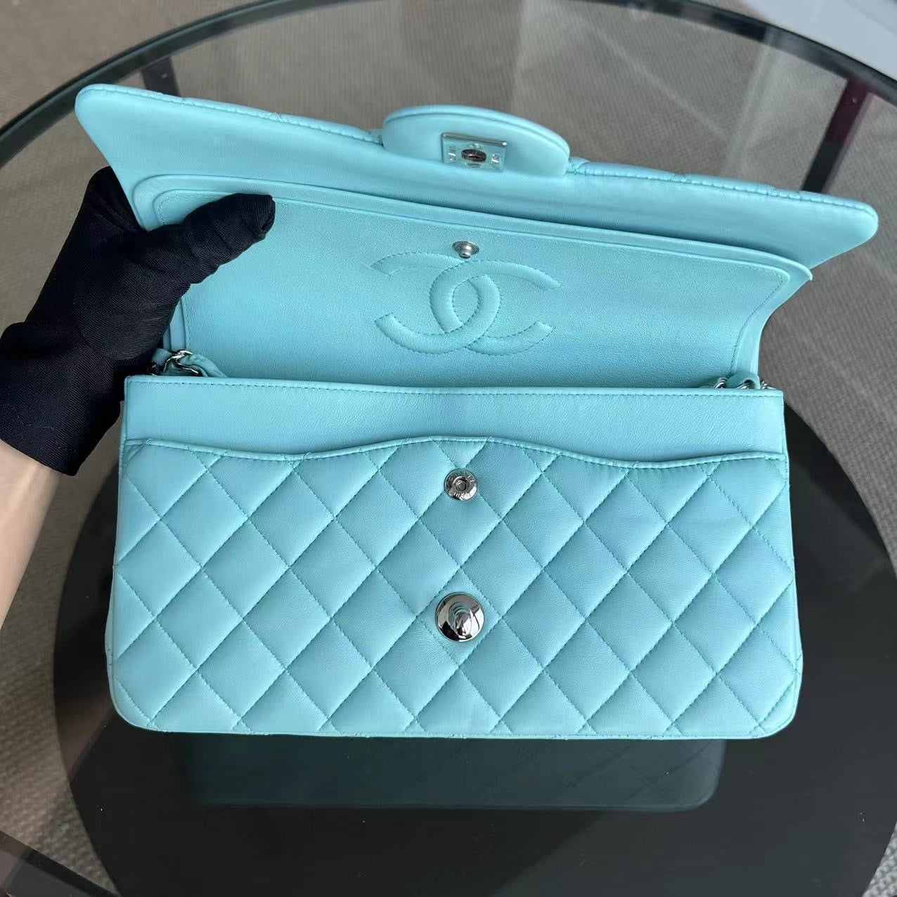 Chanel Classic Flap Medium - 25CM Quilted Lambskin Light Blue Silver Hardware Series 27