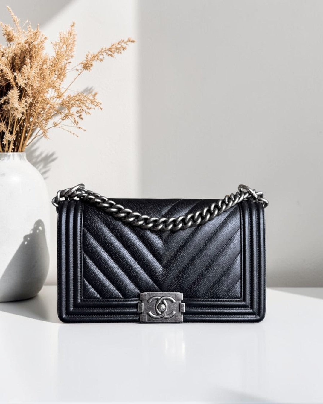 Chanel Boy Medium - 25CM Chevron Caviar Black Ruthenium Silver Hardware Series 29
