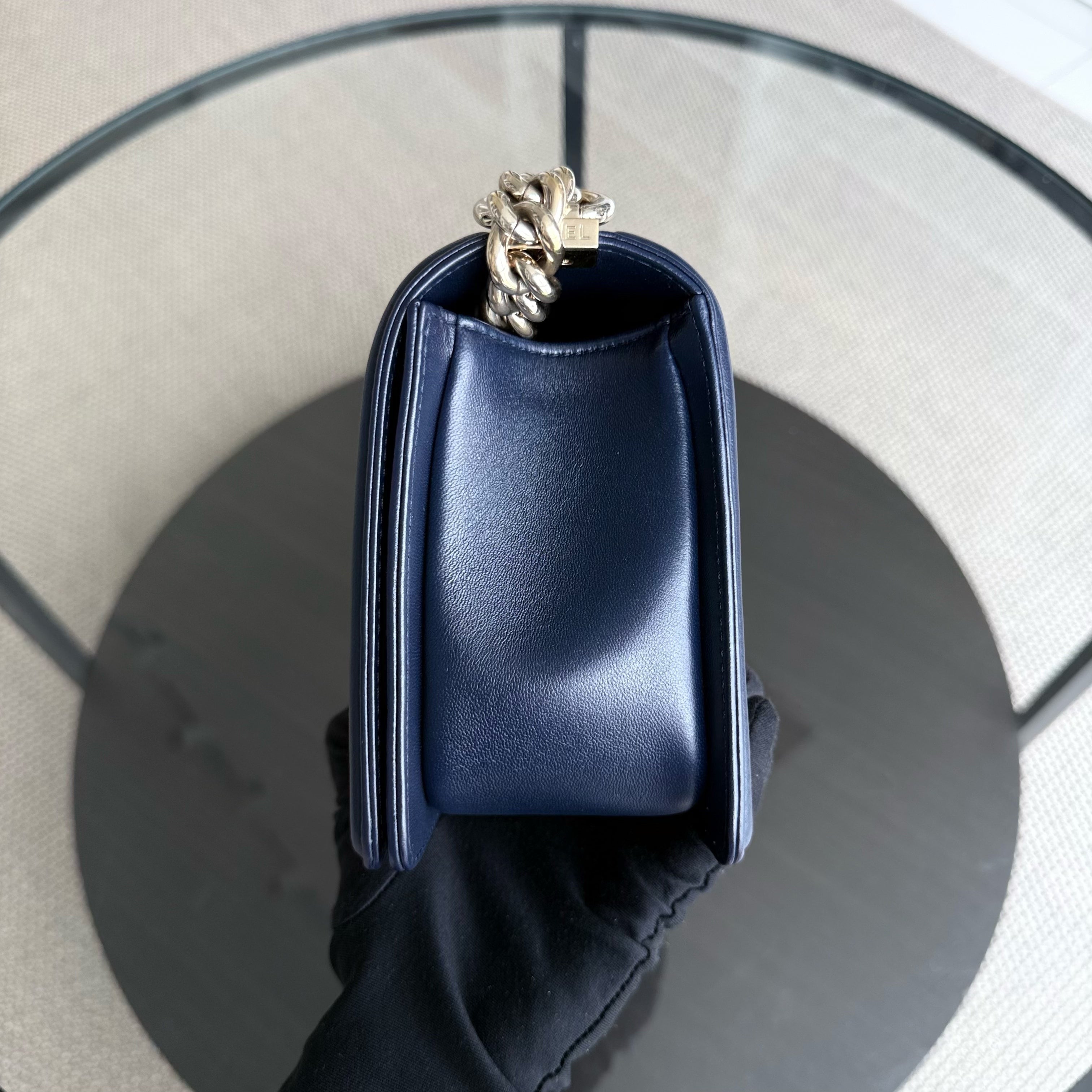 Chanel Boy Medium - 25CM Quilted Lambskin Dark Navy Blue Gold Hardware Series 22