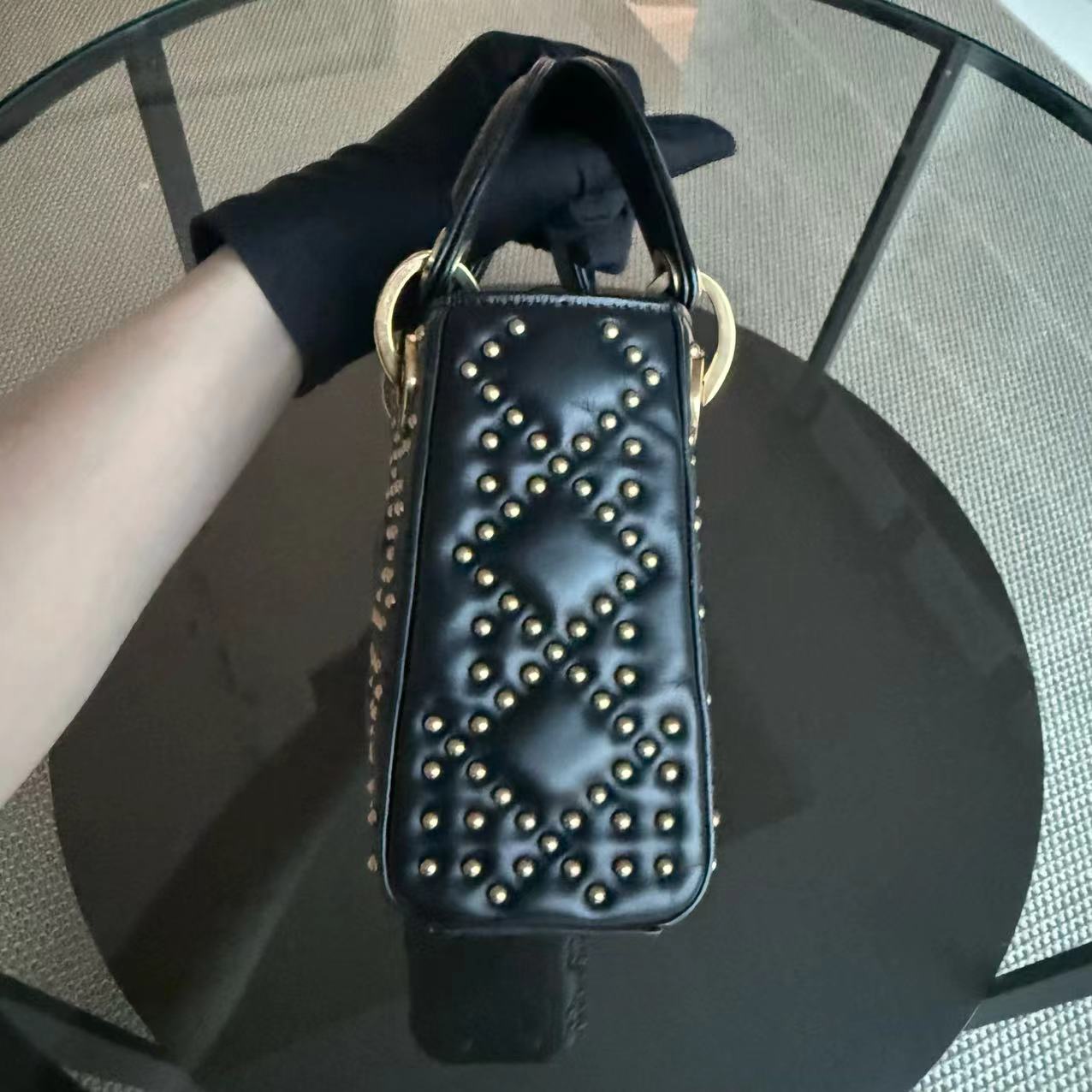 Dior Lady Mini Quilted Studded Lambskin Black Golden Hardware