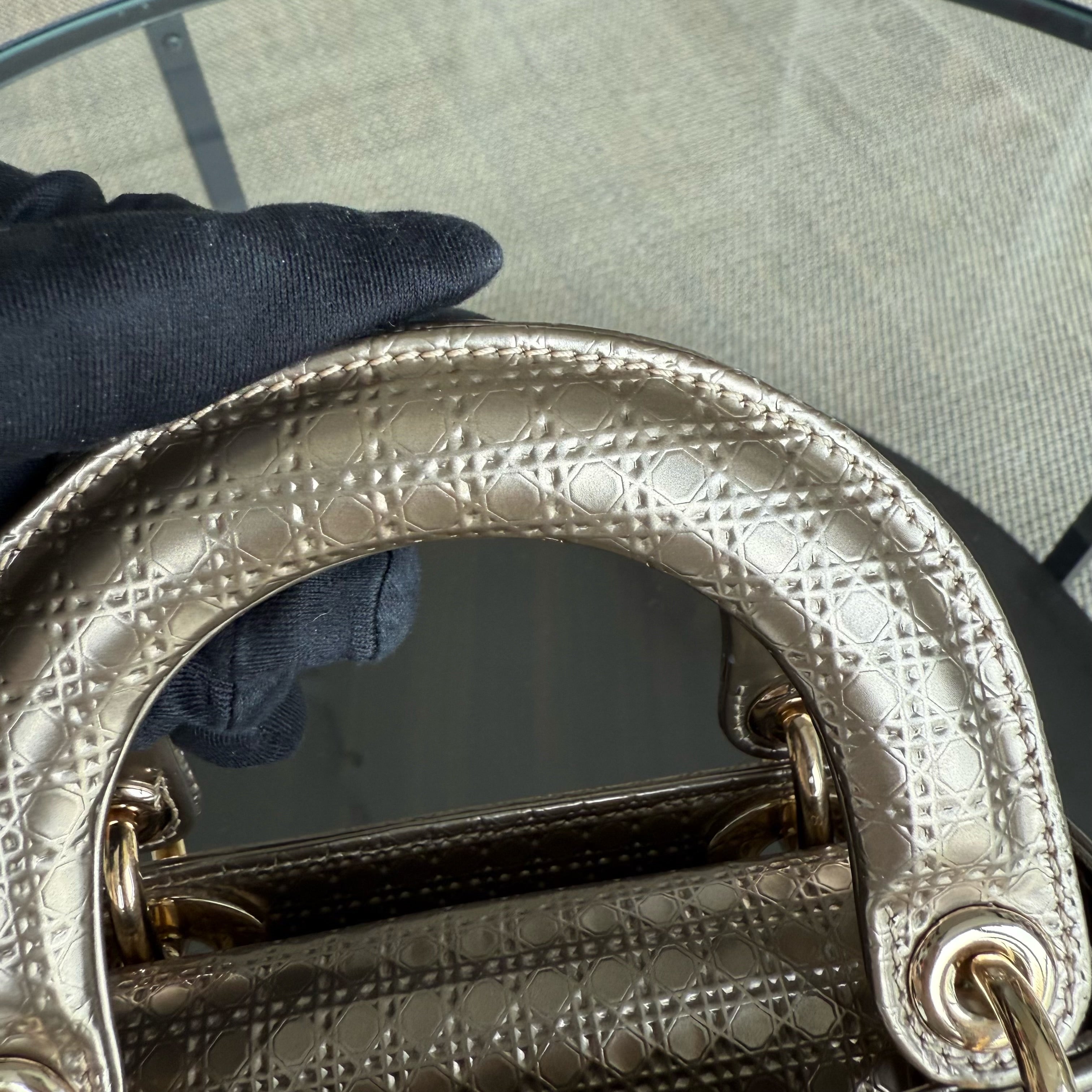 Dior Lady Mini - Calfskin Micro-Cannage Metallic Gold Gold Hardware Adjustable Strap