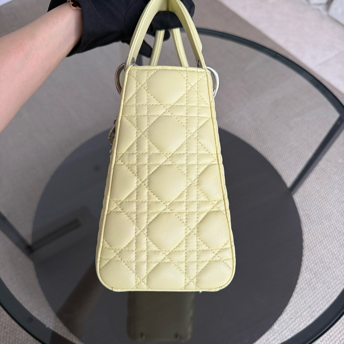 Dior Lady Medium - Cannage Lambskin Light Yellow Silver Hardware