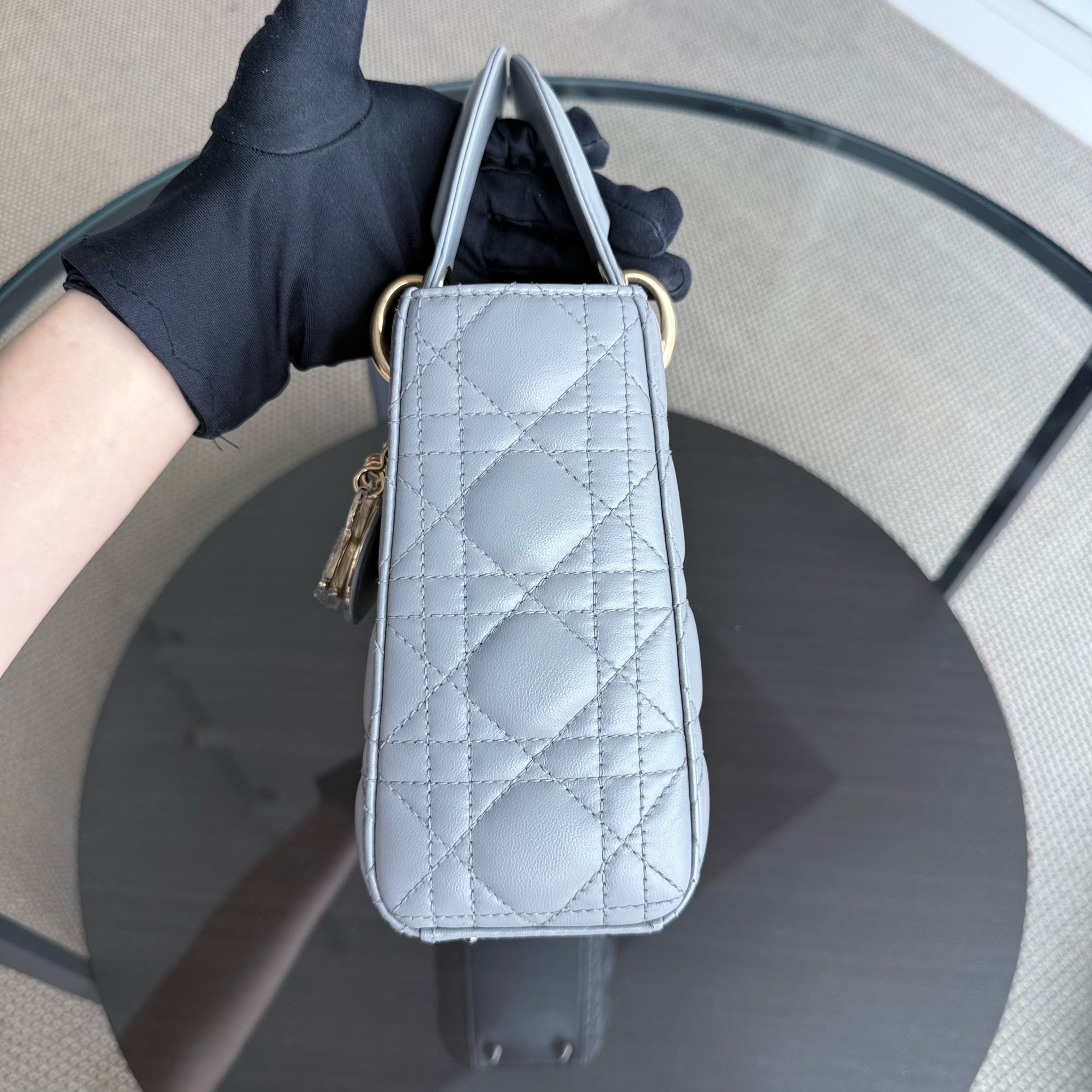Dior Lady Small - Cannage Lambskin Light Grey Gray Gold Hardware