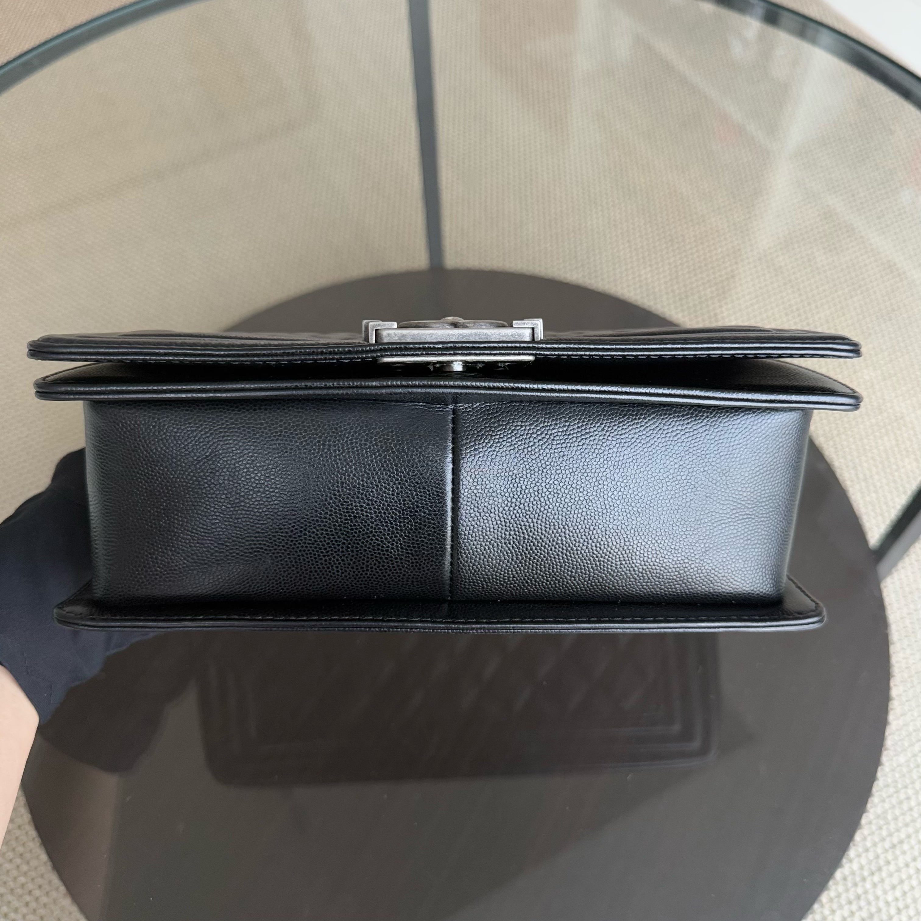 Chanel Boy Medium - Caivar 25CM Quilted Black Ruthenium Silver Hardware