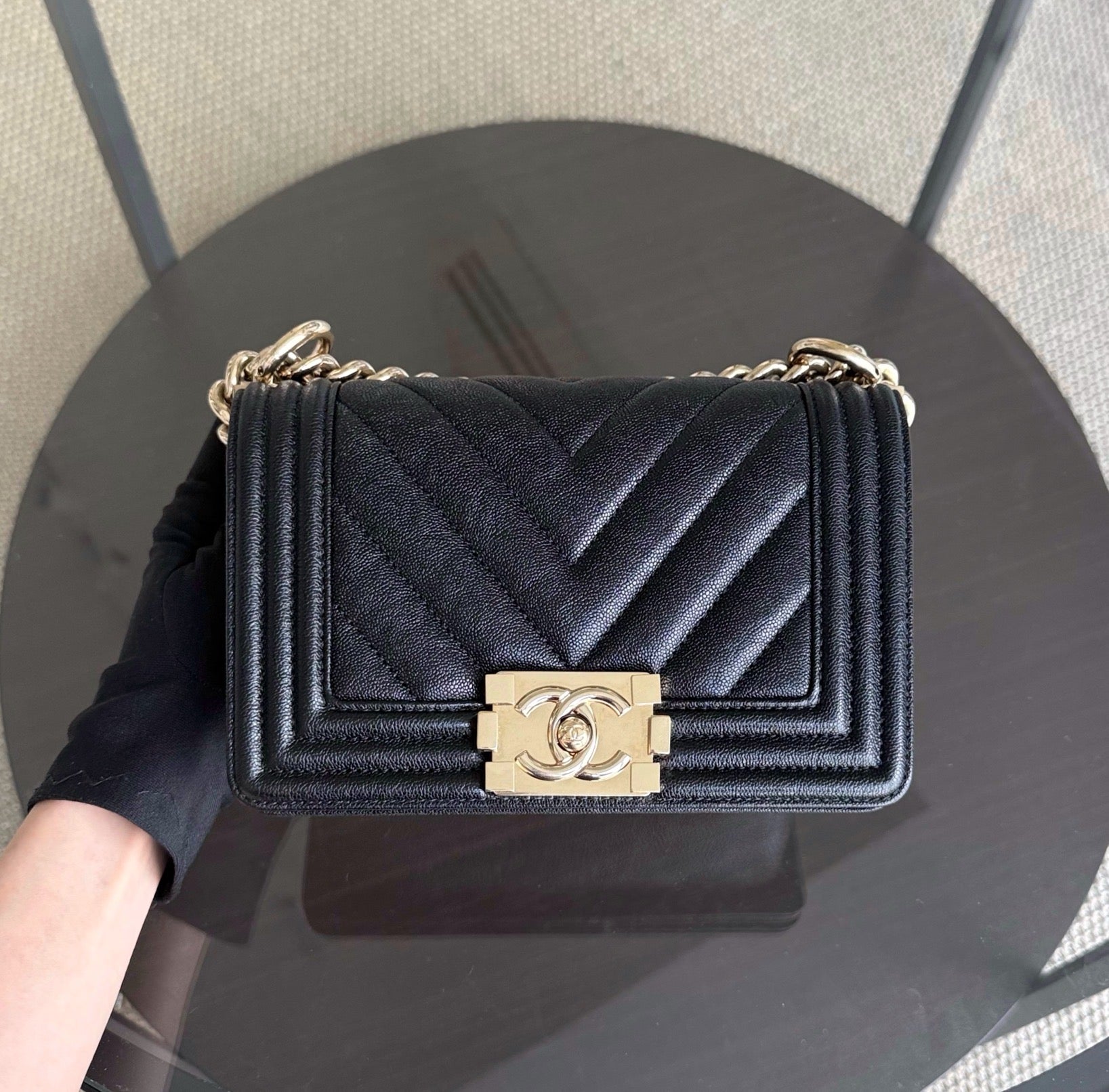 Chanel Boy Small - Caviar 20CM Chevron Black Gold Hardware Series 27