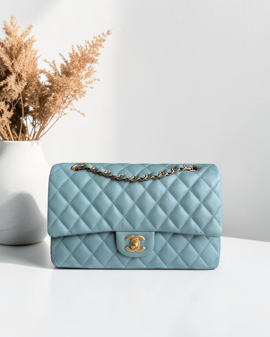 Chanel Classic Flap Medium - Caviar 25CM Quilted Light Blue Gold Hardware Series 25