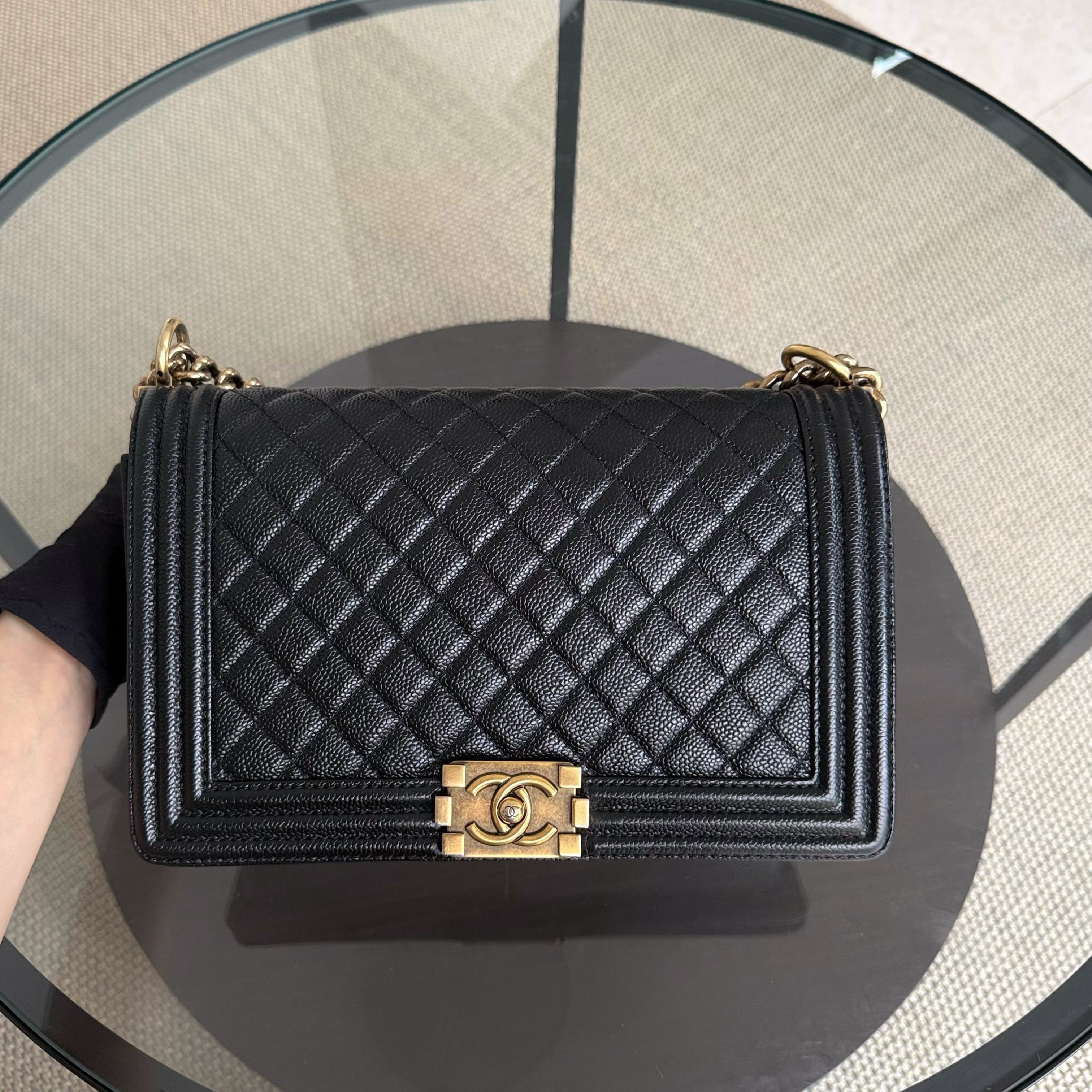 Chanel Boy Medium - Caviar 28CM New Medium Quilted Black Gold Hardware Series 19