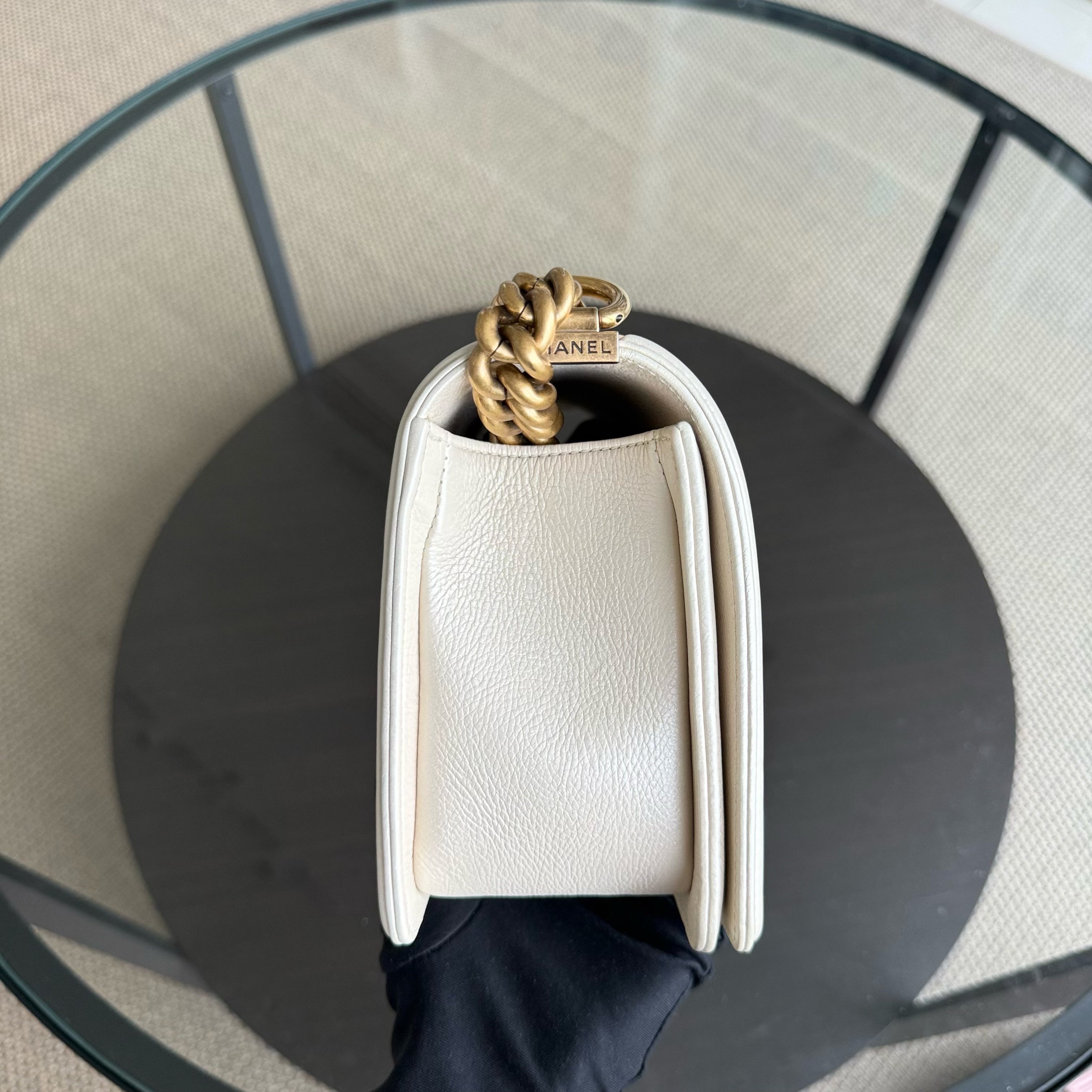 Chanel Boy Medium - Calfskin 25CM Quilted Cream White Aged Gold Hardware Series 20