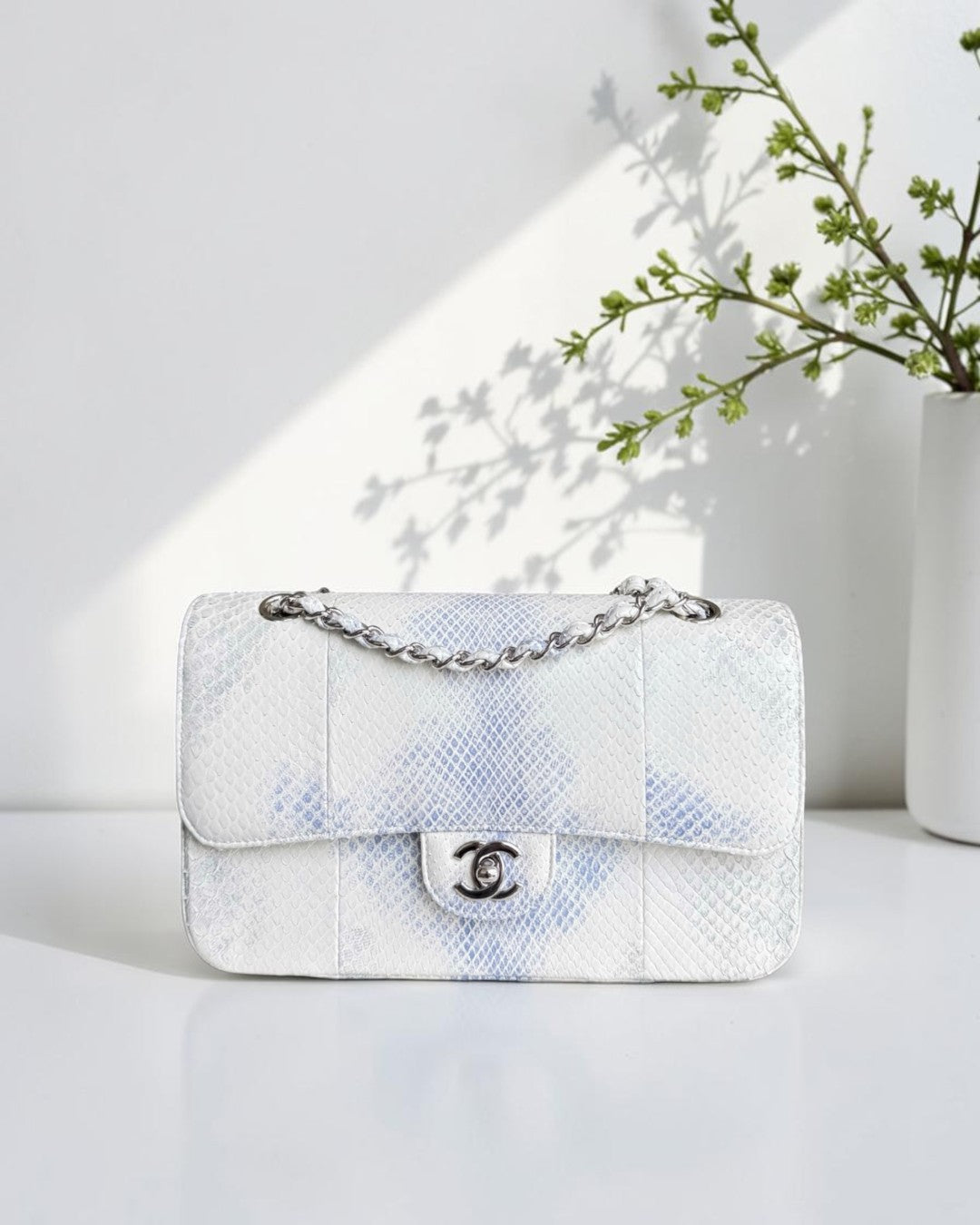 Chanel Classic Flap Medium - Python 25CM Quilted White Silver Hardware Series 23