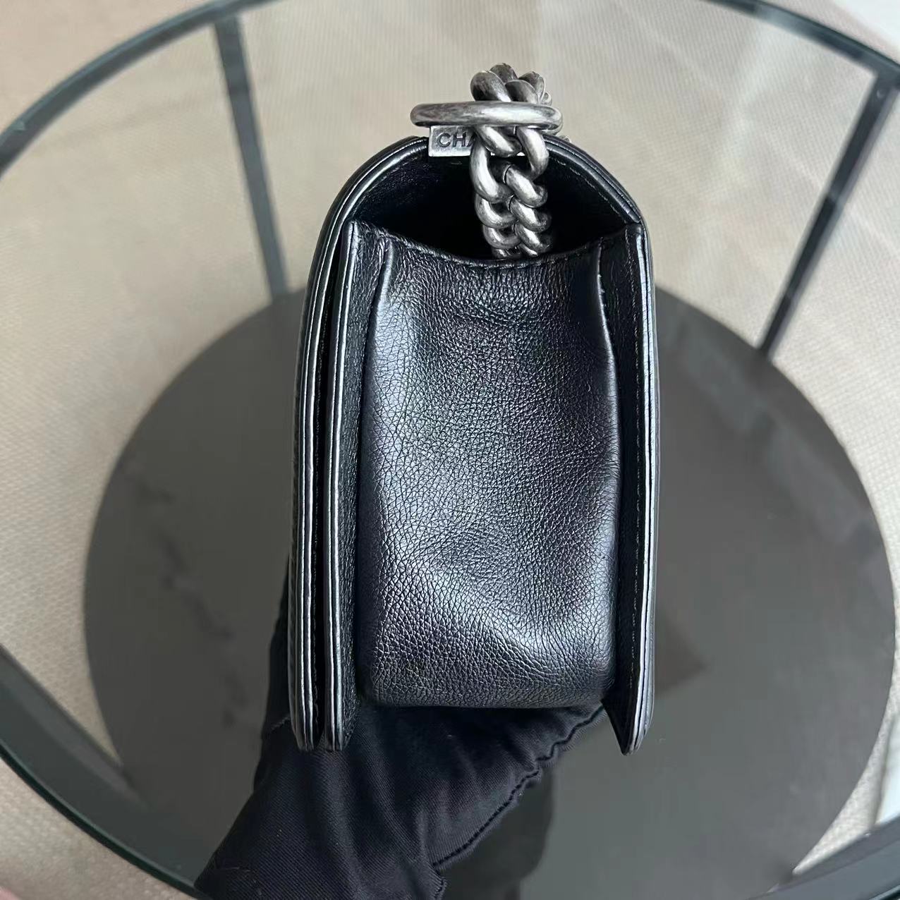 Calfskin Boy Old Medium 25CM Medium Quilted Black Ruthenium Silver Hardware Series 18