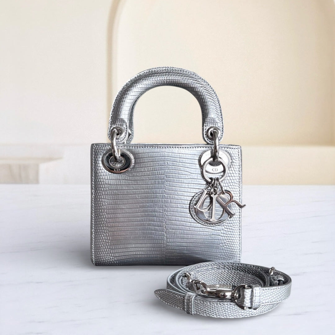 Dior Lady Mini - Exotic Lizard Gray Silver Hardware