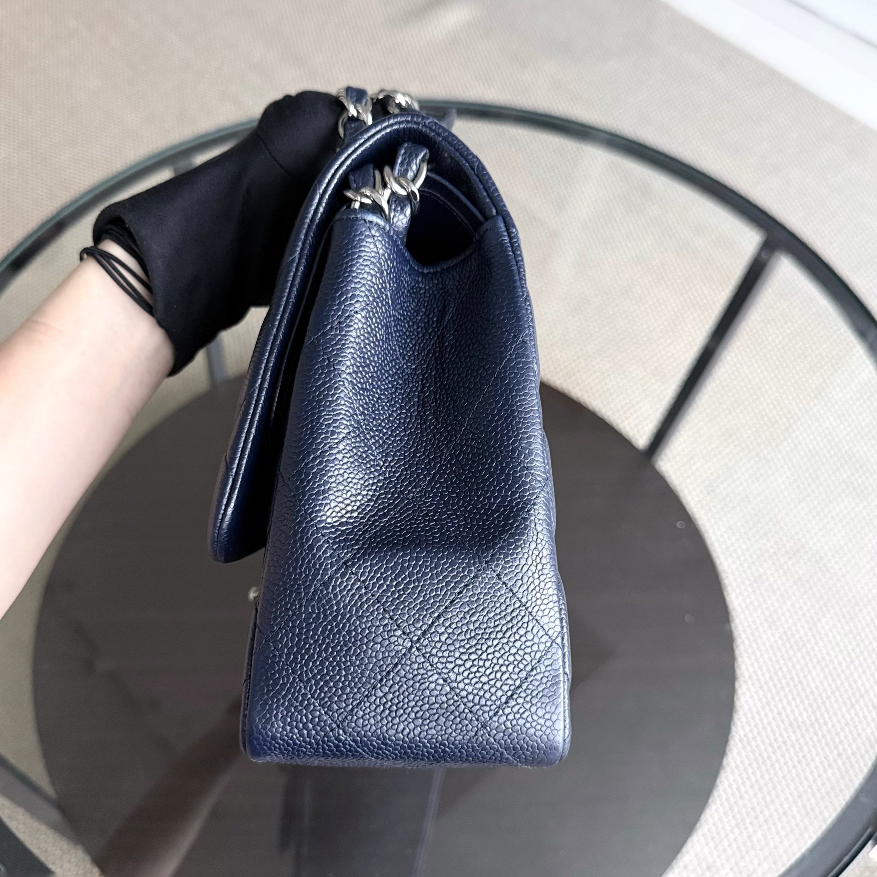 Chanel Classic Flap Jumbo - Caviar Double Flap 30CM Quilted Grained Calfskin Dark Blue Silver Hardware Series 19