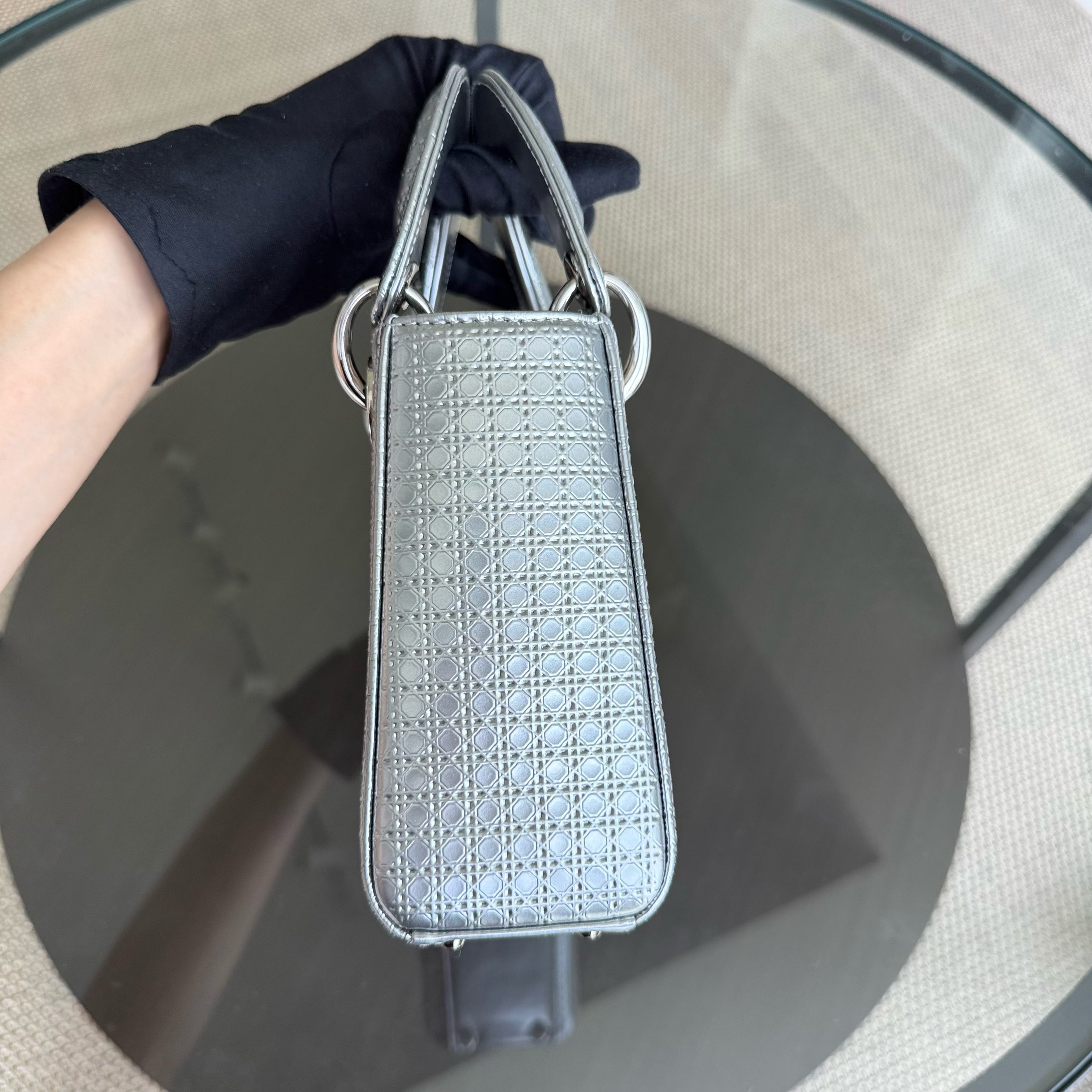 Dior Lady Mini - Micro Cannage Metallic Silver Hardware Adjustable Strap