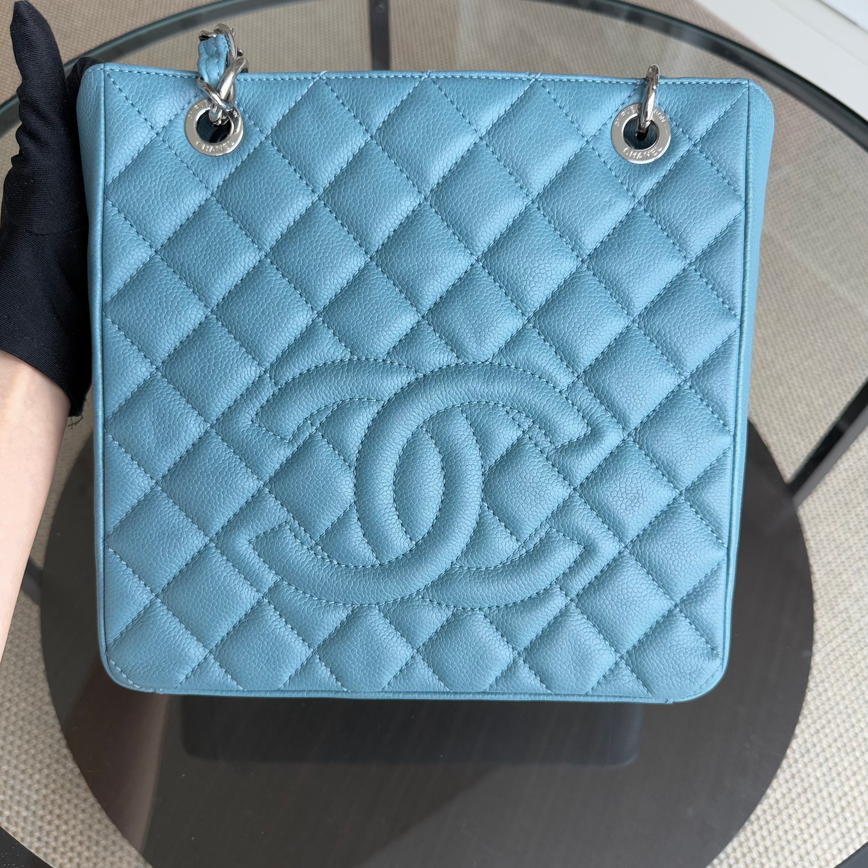 Chanel PST Petite Shopping Tote - Quilted Caviar Light Blue Silver Hardware Series 14