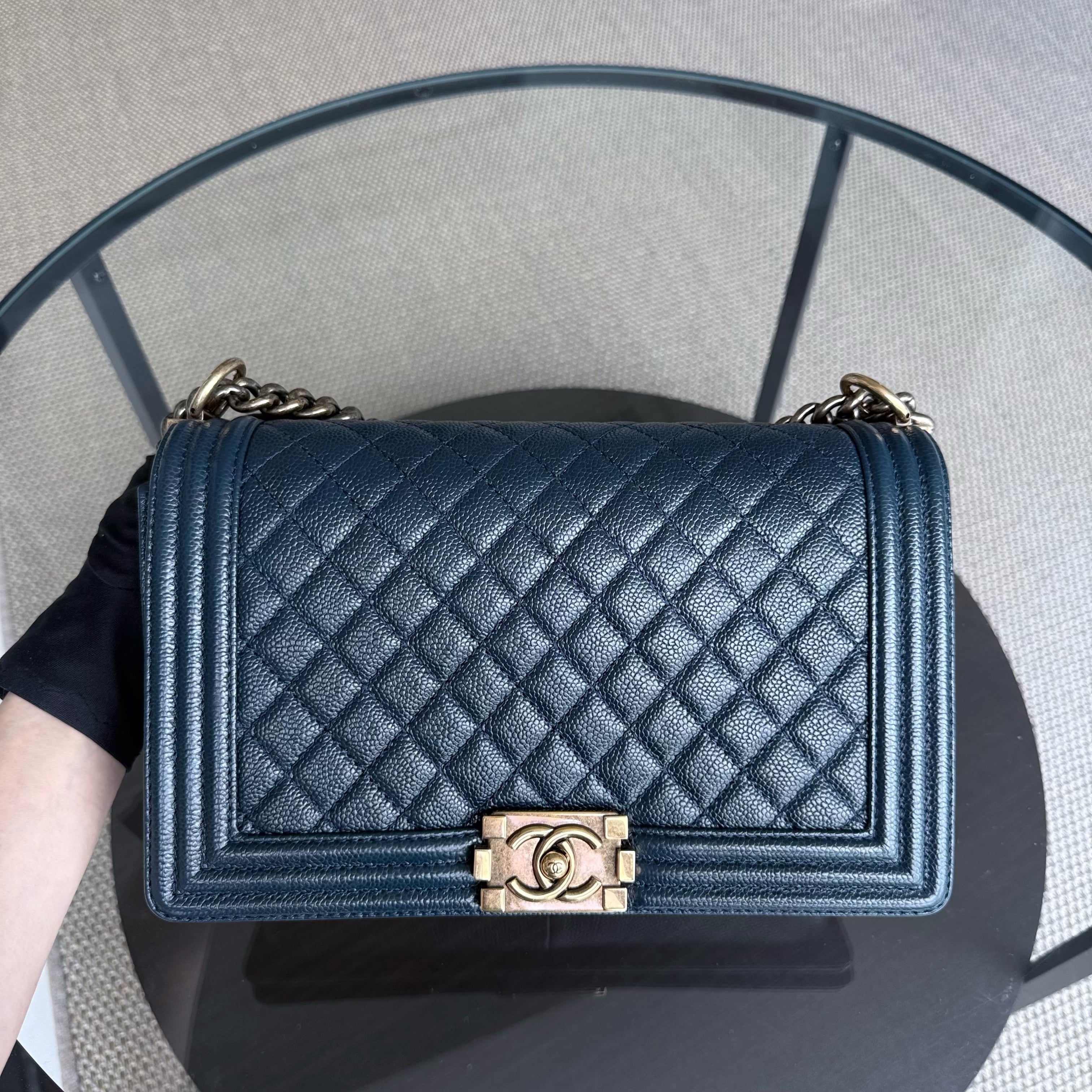 Chanel Boy New Medium - Caviar 28CM Quilted Dark Blue Ruthenium Gold Hardware Series 19