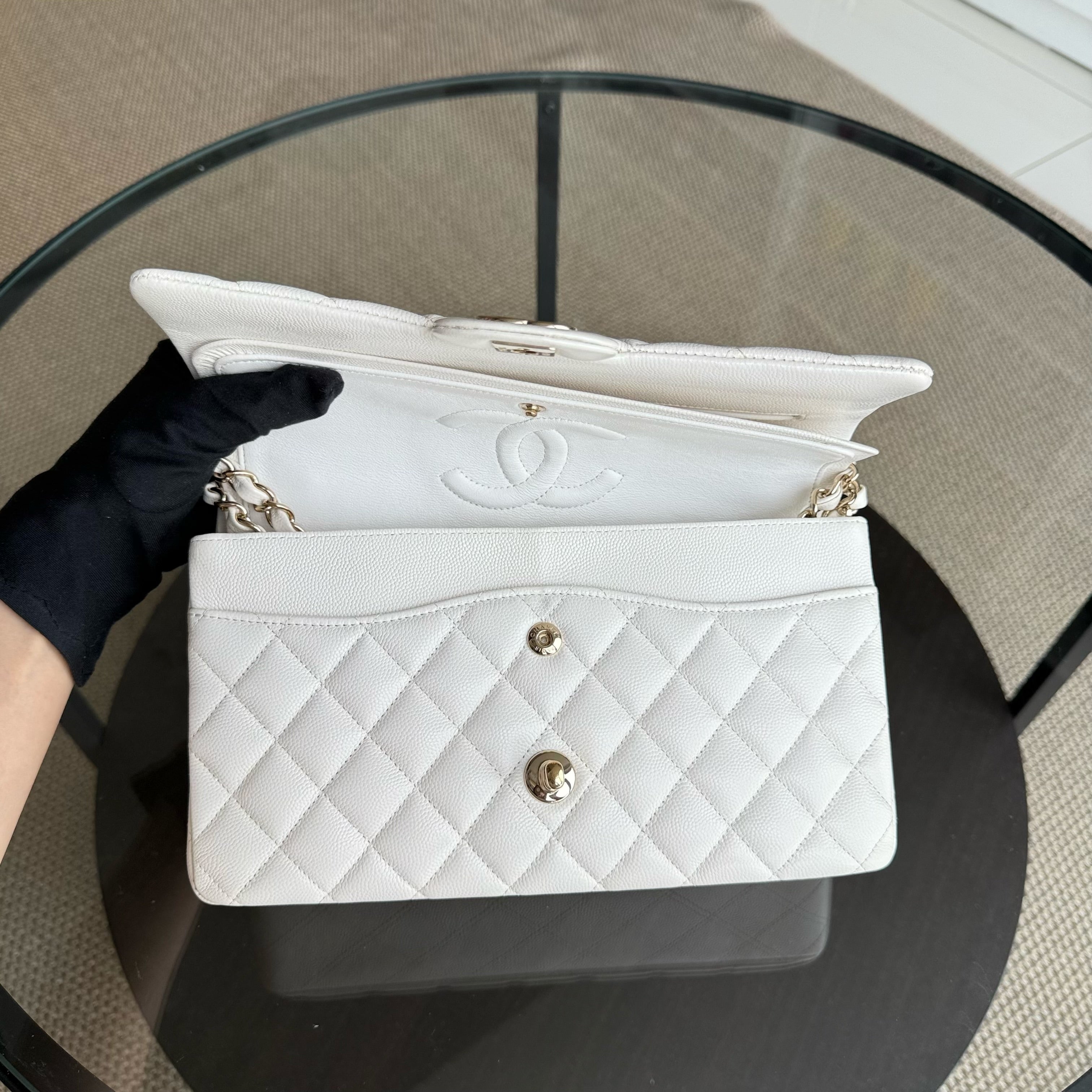 Chanel Classic Flap Medium - 25CM Quilted Caviar White Gold Hardware Series 26