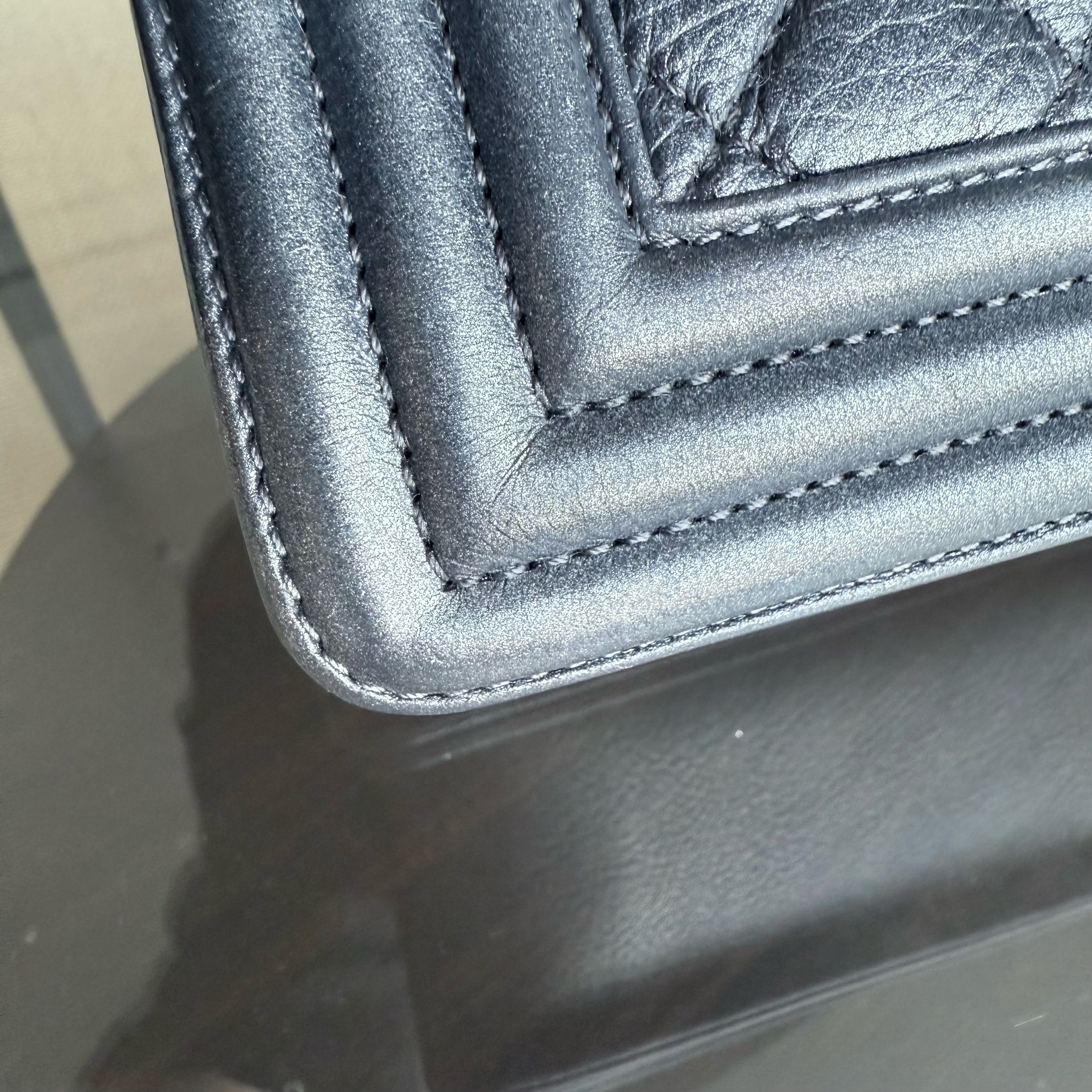 Chanel Boy New Medium - 28CM Quilted Grained Calfskin Dark Gray Ruthenium Gold Hardware Series 20