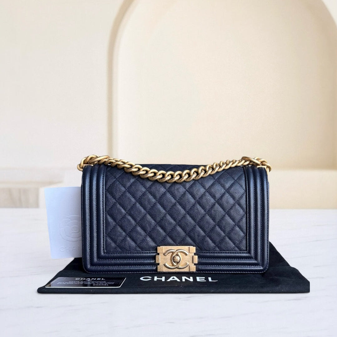 Chanel Boy Medium - Caviar 25CM Quilted Dark Blue Gold Hardware Series 25