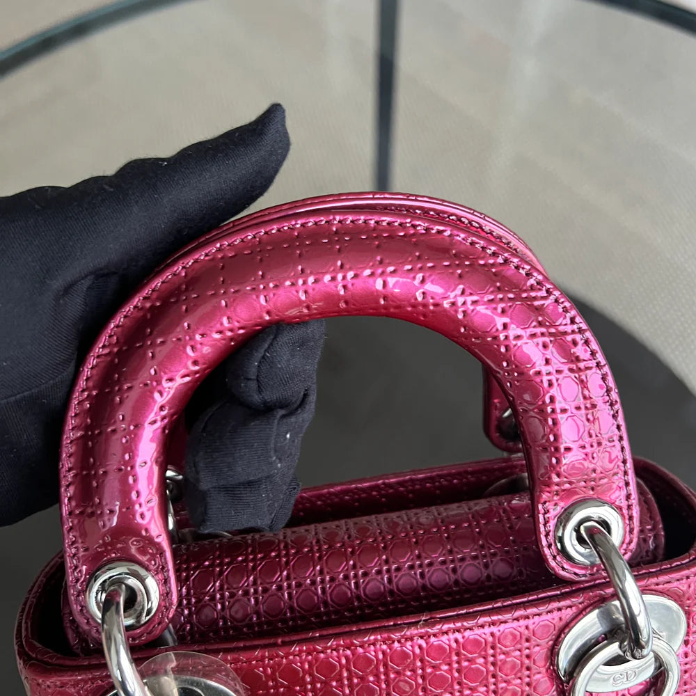 Dior Lady Mini - Calfskin Micro-Cannage Metallic Pink Silver Hardware Adjustable Strap