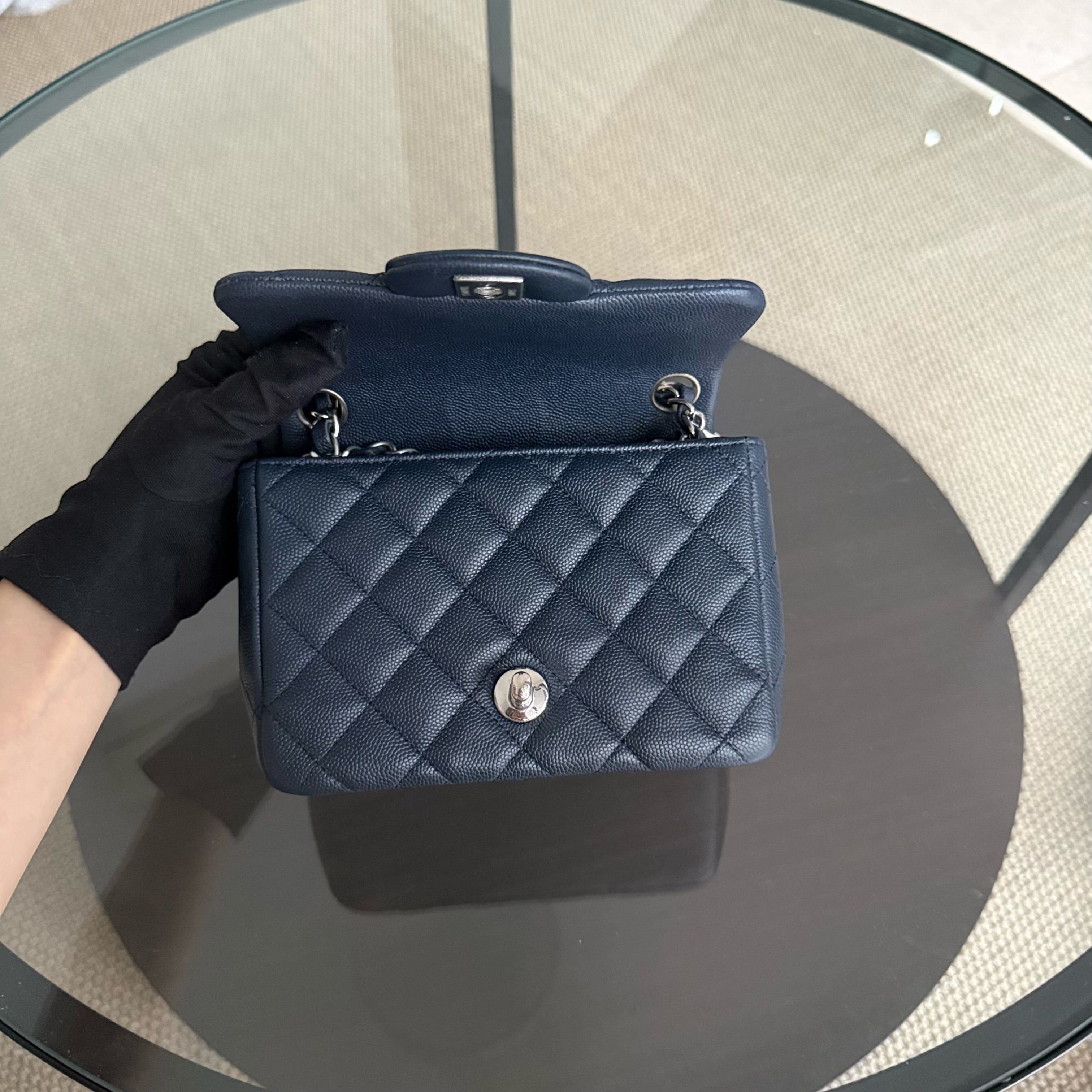 Chanel Classic Flap Mini Square - Caviar Quilted Midnight Blue Silver Hardware Series 26