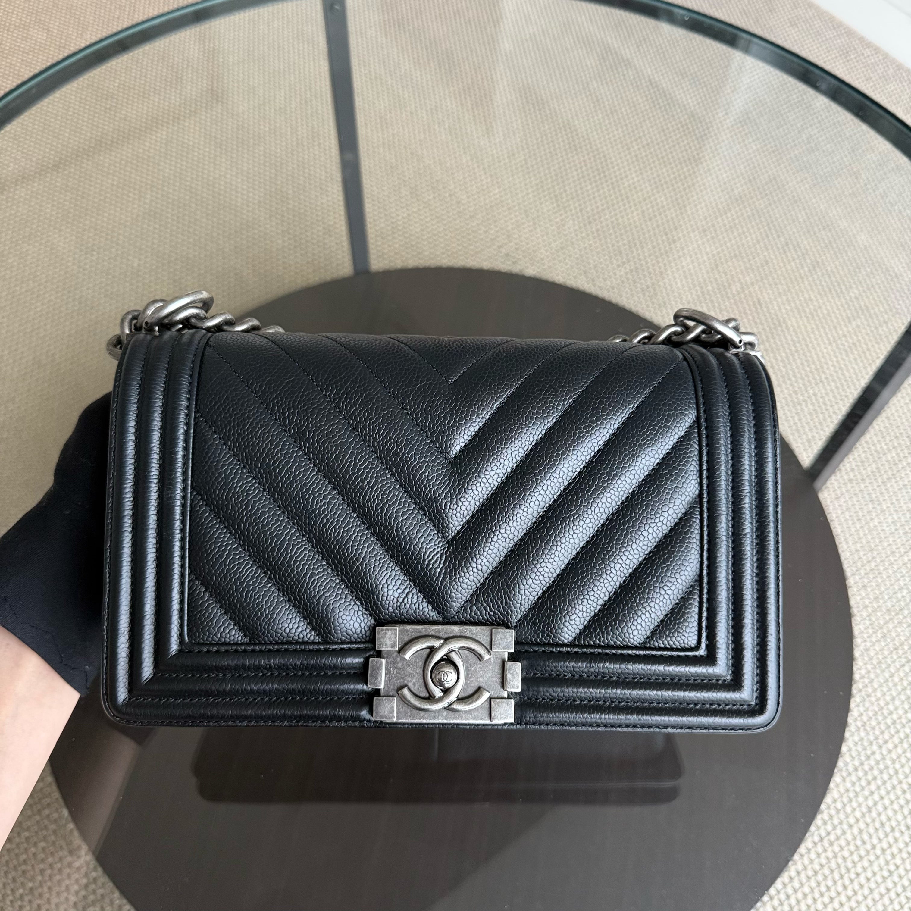 Chanel Boy Medium - Caviar 25CM Chevron Black Ruthenium Silver Hardware Series 29