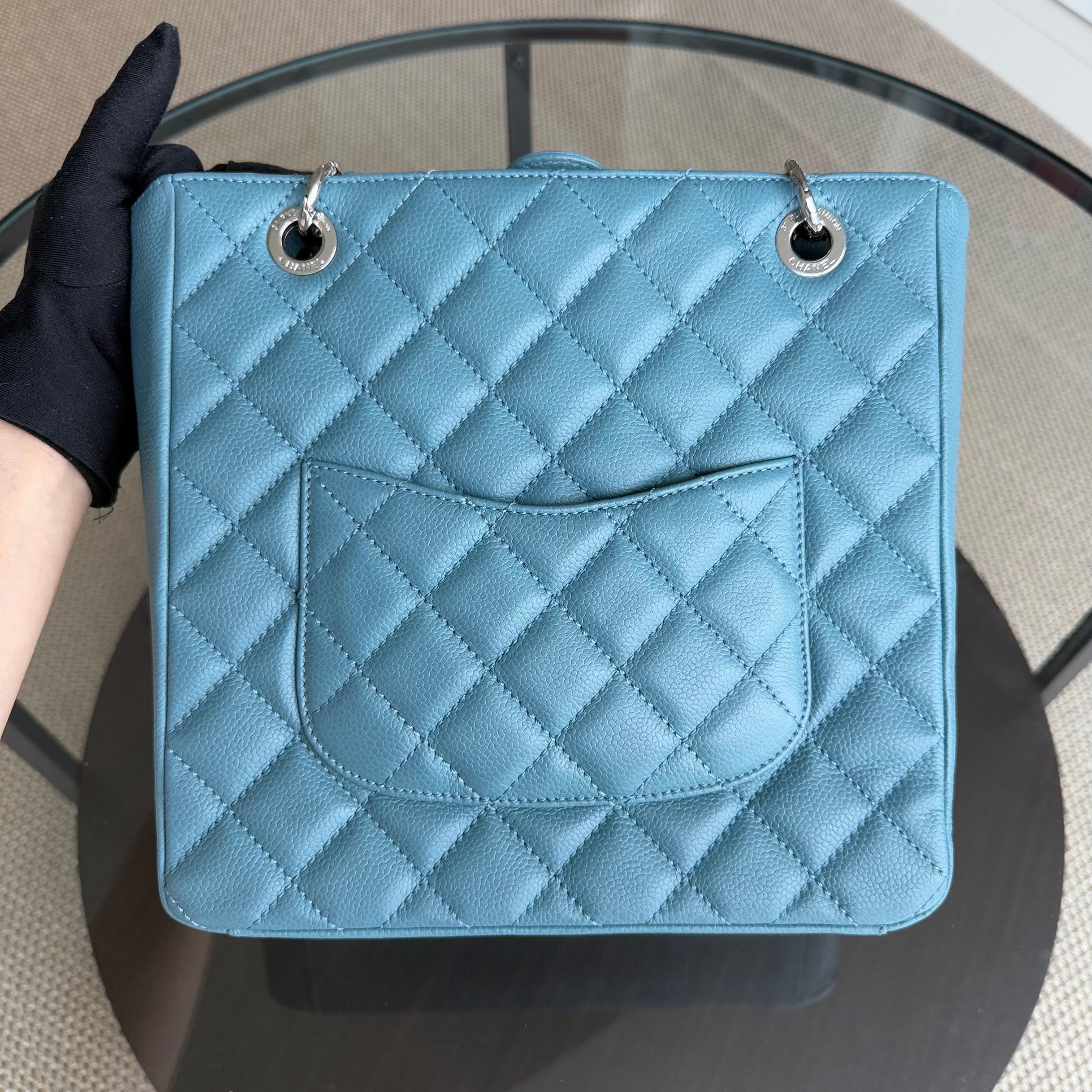 Chanel PST Petite Shopping Tote - Quilted Caviar Light Blue Silver Hardware Series 14
