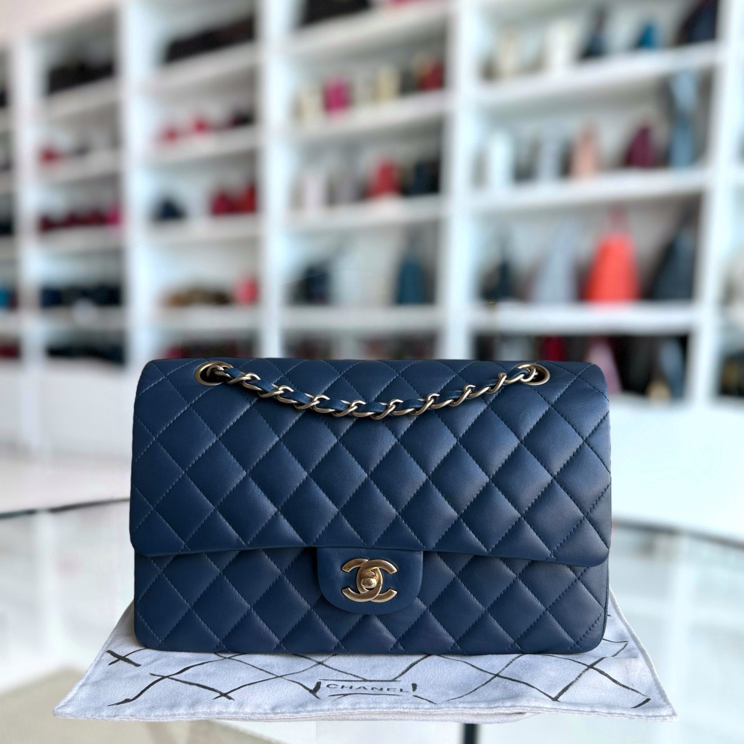 Chanel Classic Flap Medium - 25CM Quilted Lambskin Blue Gold Hardware Series 13