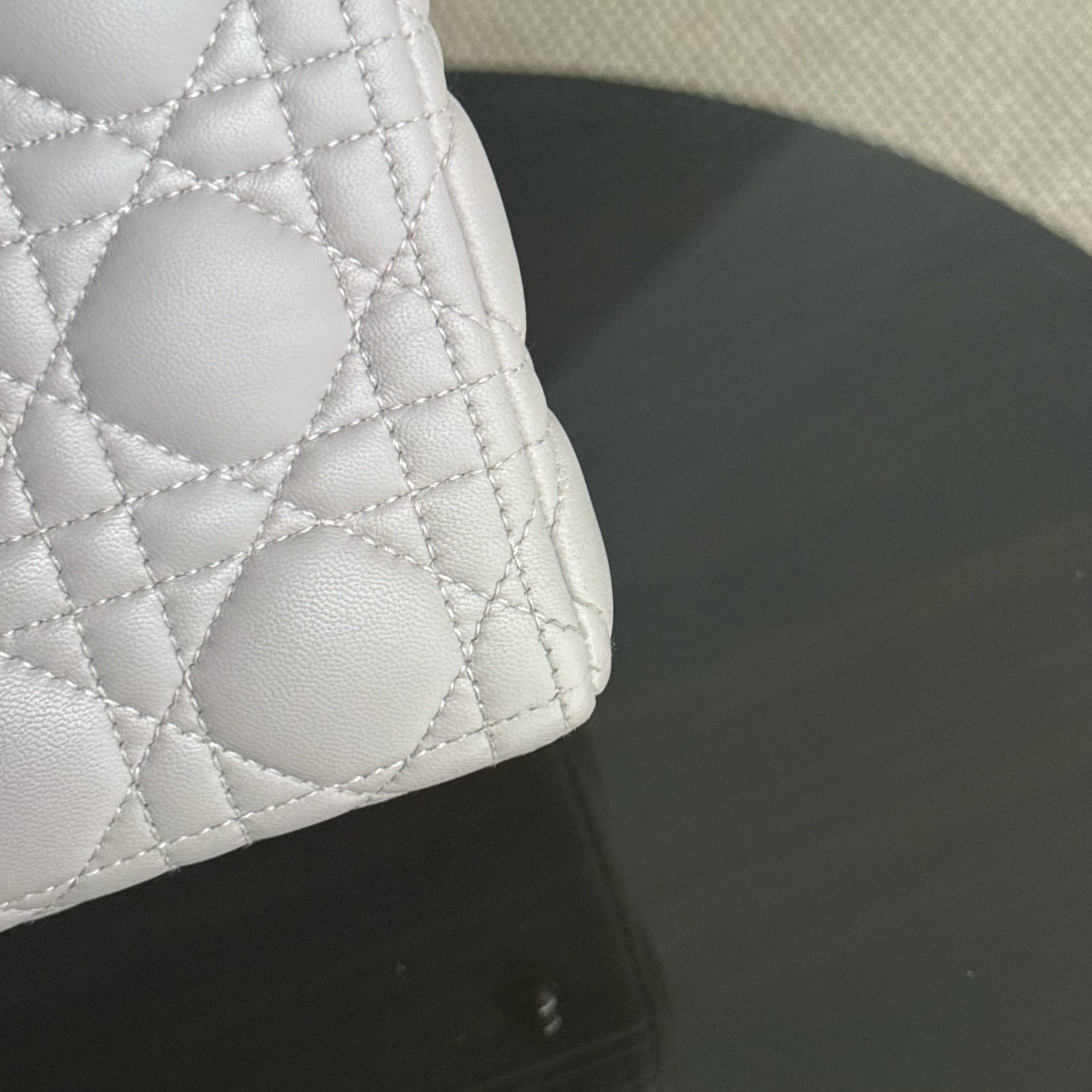 Dior Lady Large - Cannage Lambskin Light Gray Grey Silver Hardware