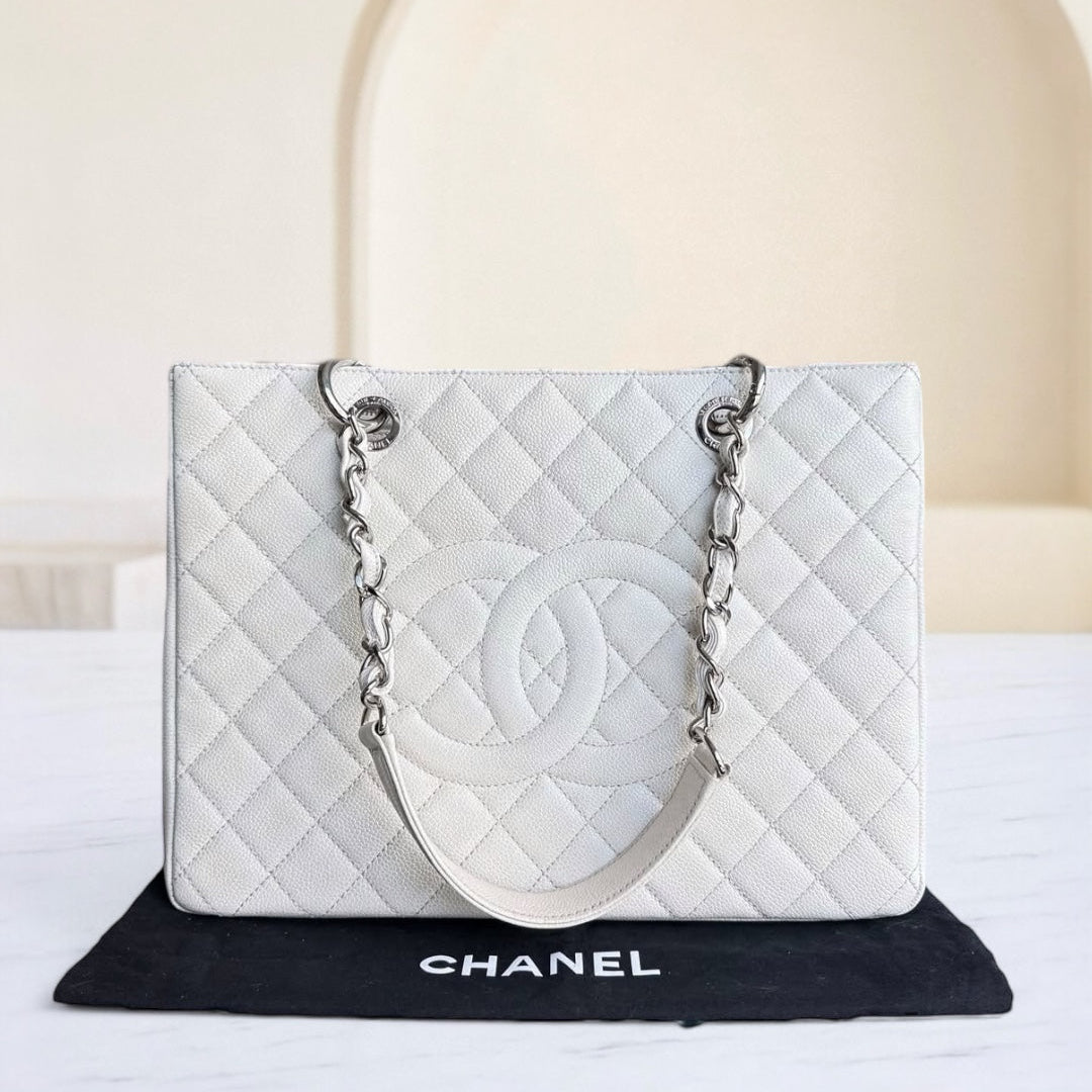 Chanel GST Grand Shopping Tote - Caviar Quilted White Silver Hardware Series 18