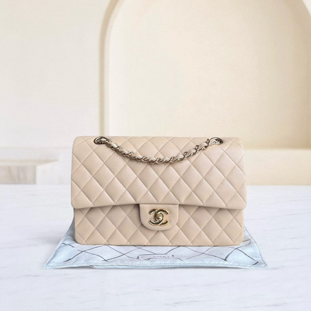 Chanel Classic Flap Medium - 25CM Quilted Lambskin Beige Gold Hardware Series 14