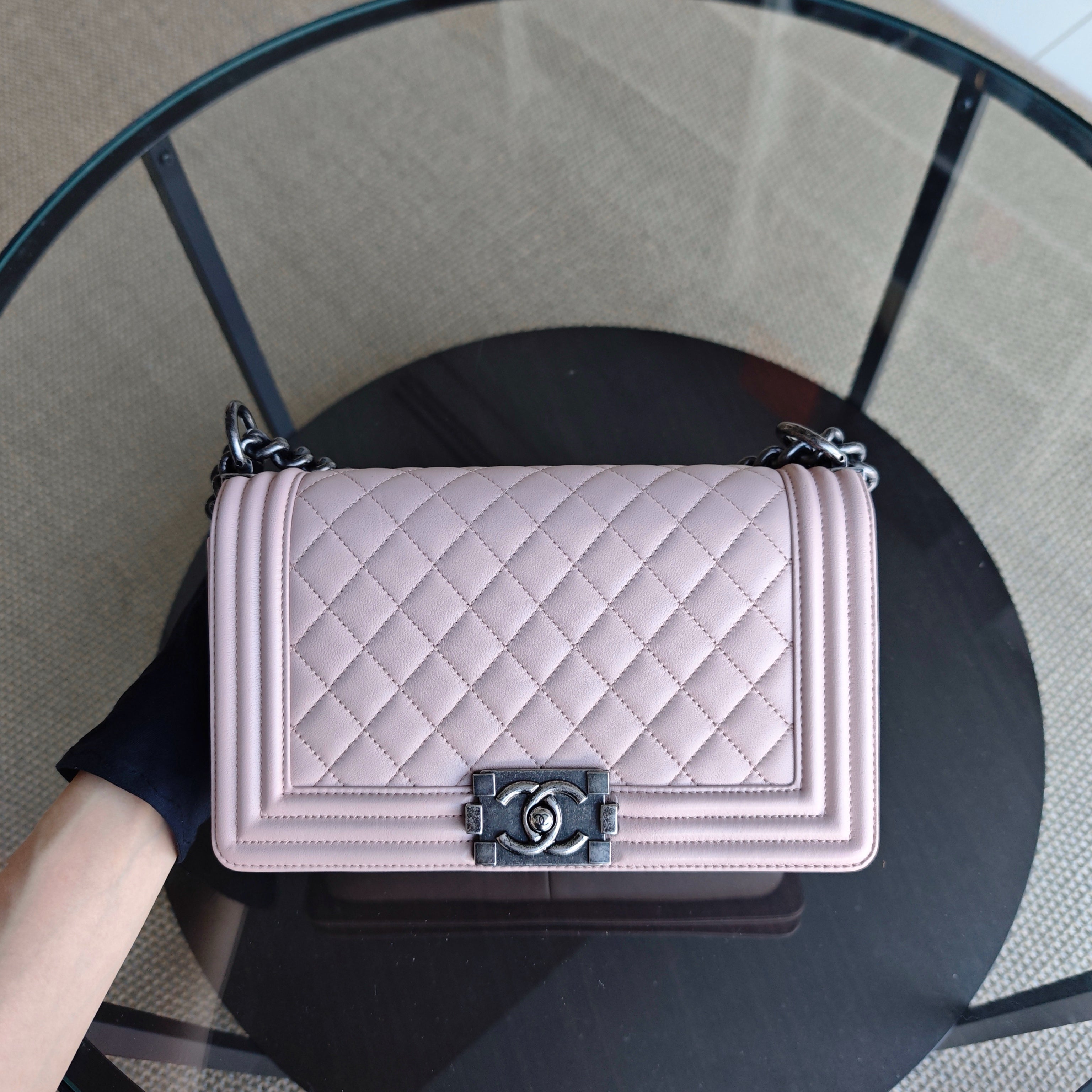Chanel Boy Medium - Quilted Lambskin Light Sakura Pink Ruthenium Silver Hardware Series 23