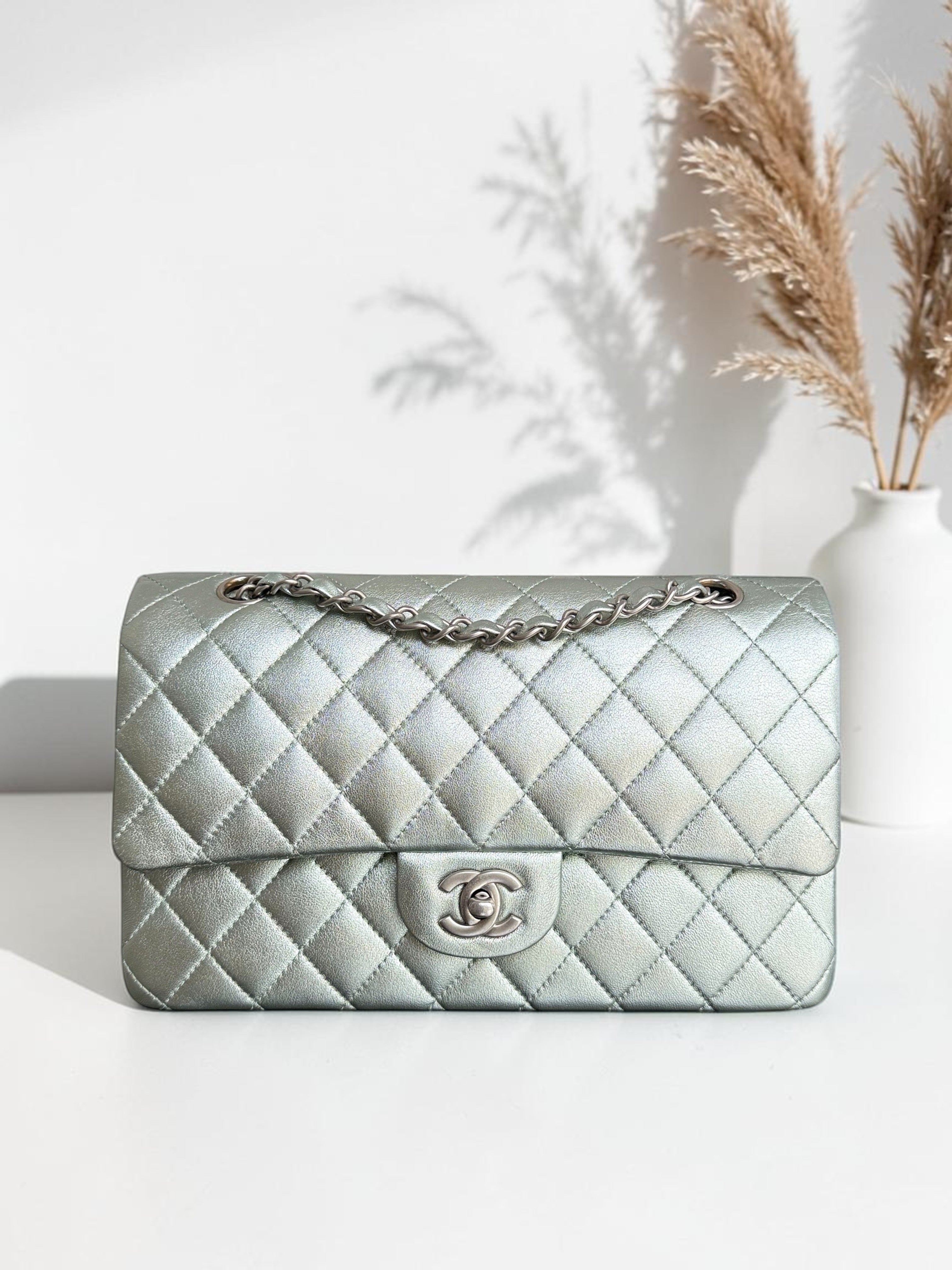 Chanel Classic Flap Medium - 25CM Quilted Lambskin Irridescent Light Green Silver Hardware Series 14