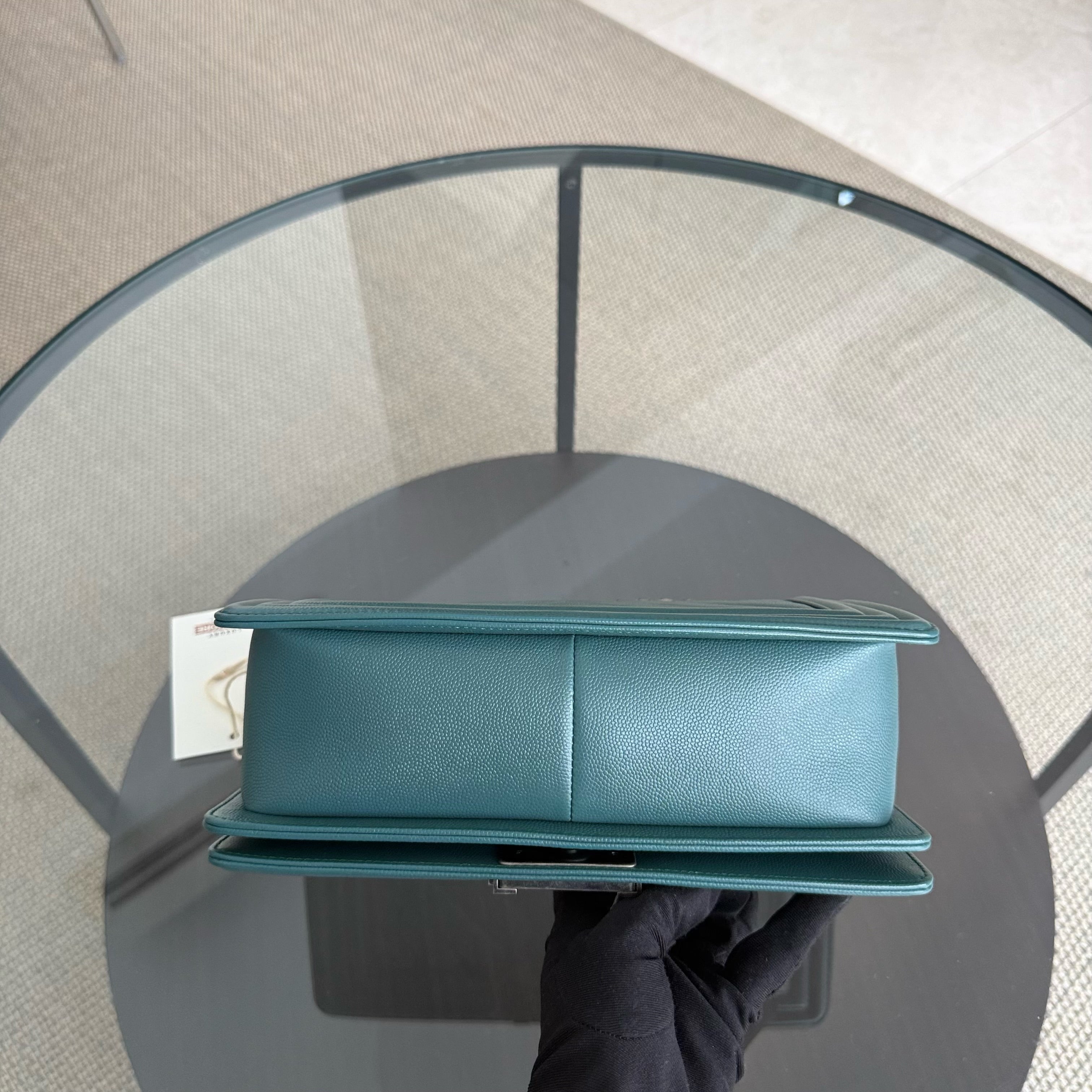 Chanel Boy Medium - Caviar 25CM Chevron Dark Green Ruthenium Silver Hardware Series 24