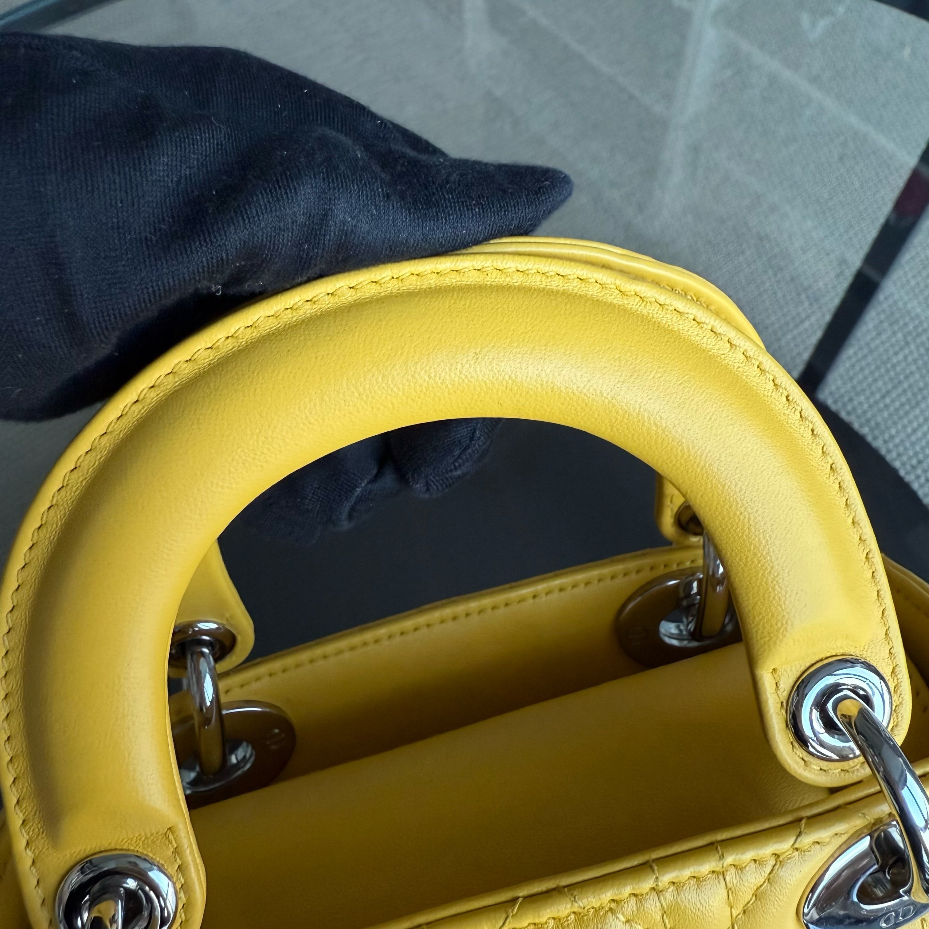 Dior Lady Mini Flap - Cannage Lambskin Yellow Silver Hardware Chain Strap Silver Hardware