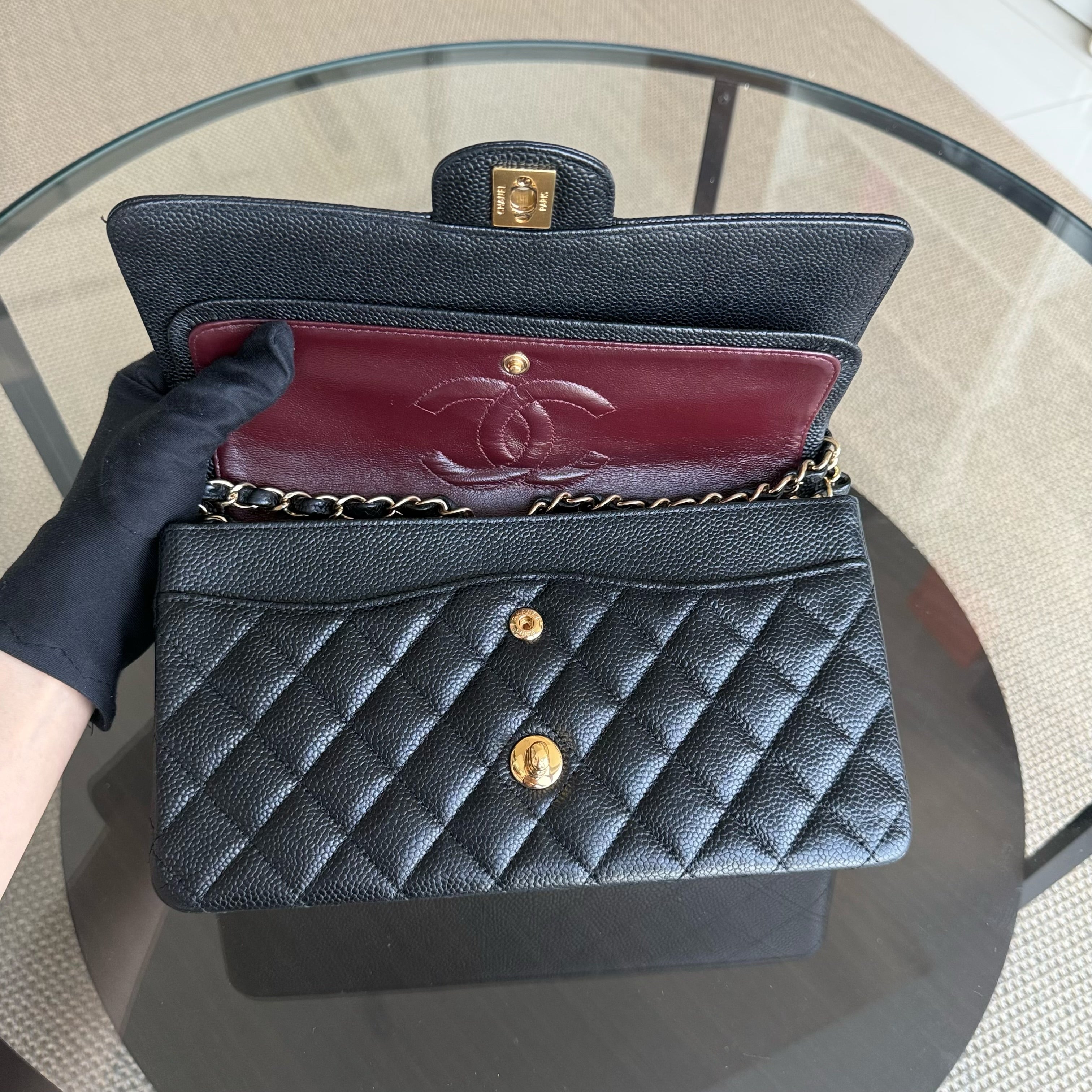 Chanel Classic Flap Medium - 25CM Quilted Caviar Black Gold Hardware Series 21