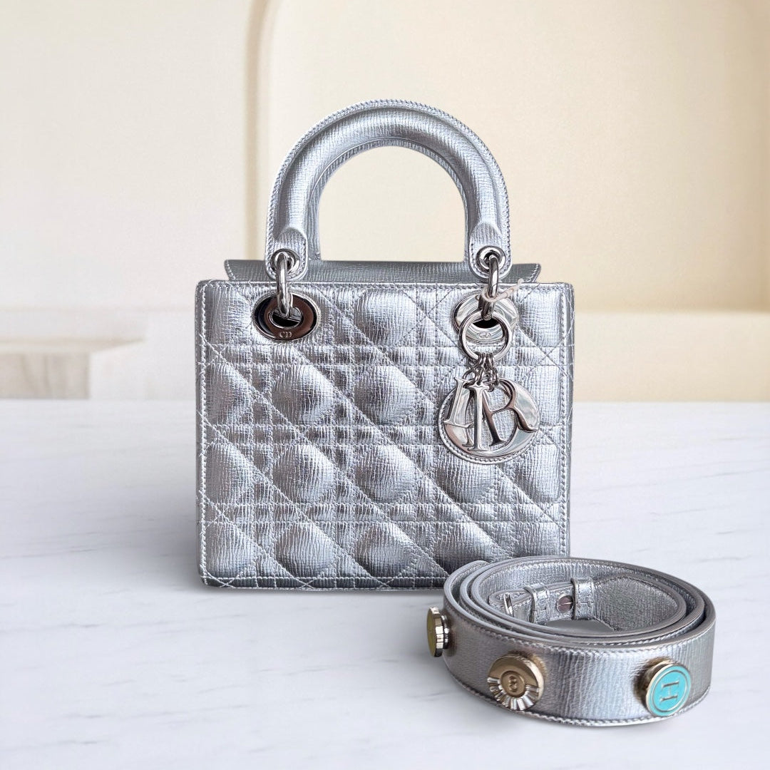 Dior Lady Small - Cannage Metallic Calfskin Silver Silver Hardware