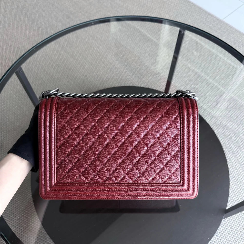 Chanel Boy Medium - 28CM Caviar Quilted Grained Calfskin Burgundy Dark Red Silver Hardware Series 19