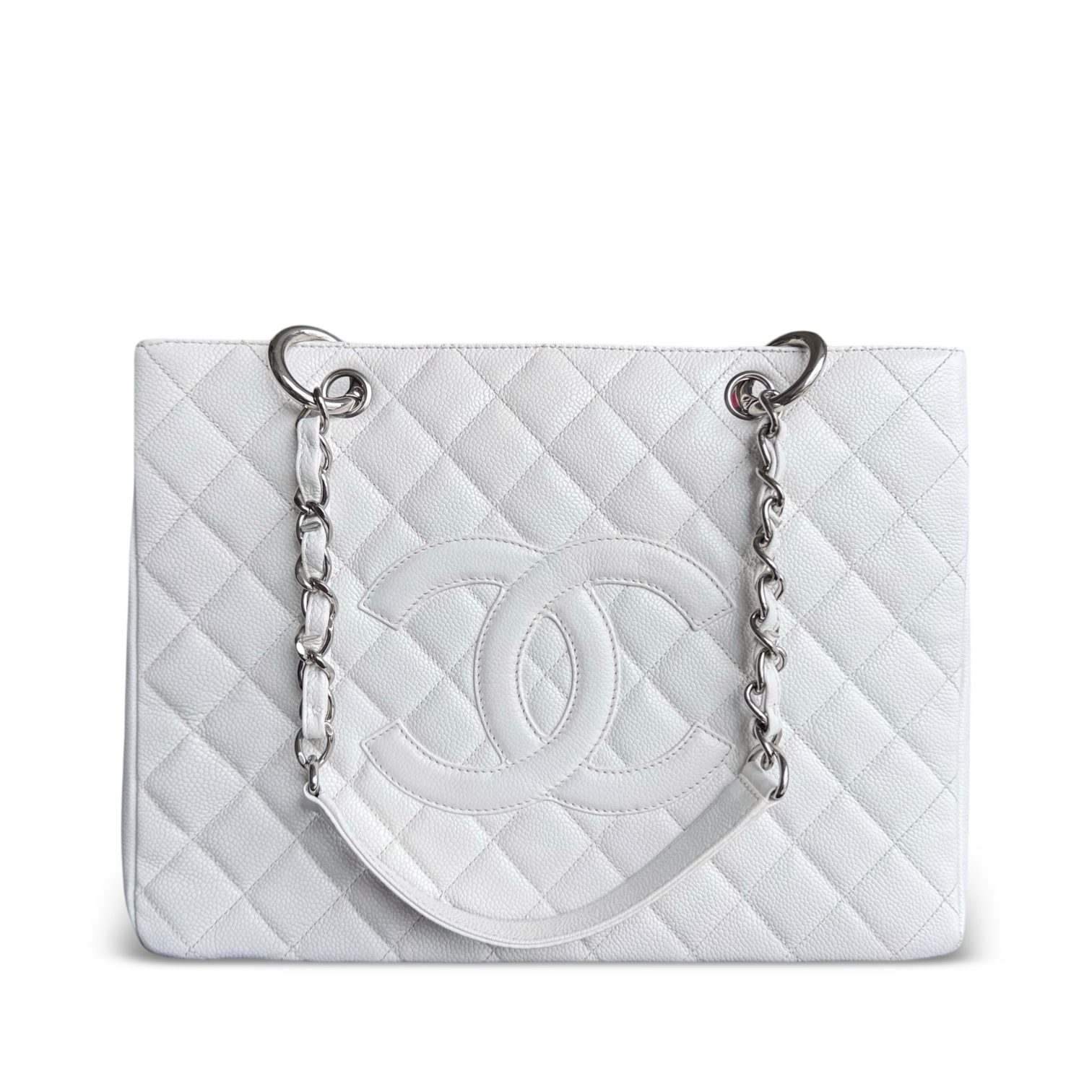 Chanel GST Grand Shopping Tote - Caviar Quilted White Silver Hardware