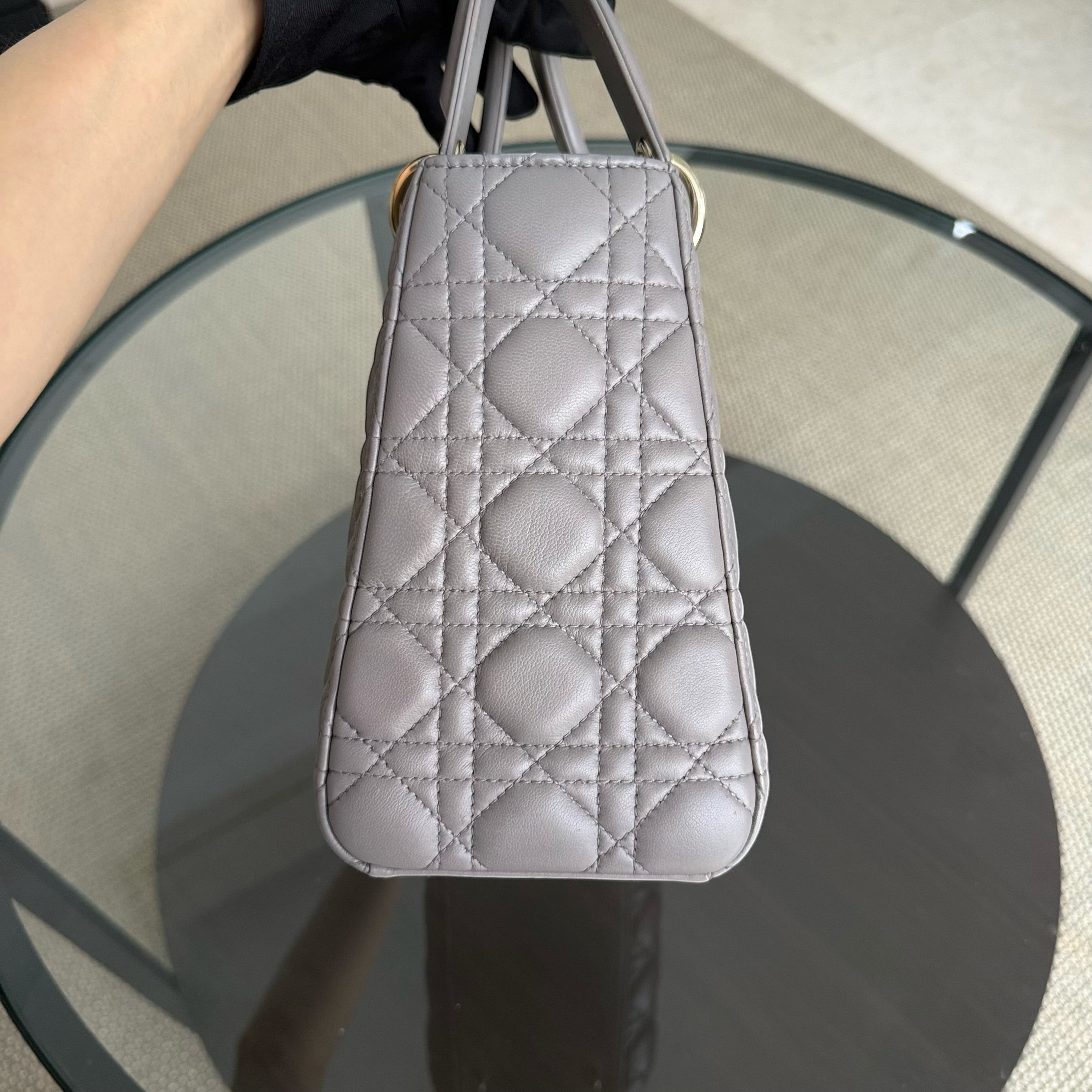 Dior Lady Medium - Cannage Lambskin Gray Grey Gold Hardware Adjustable Strap