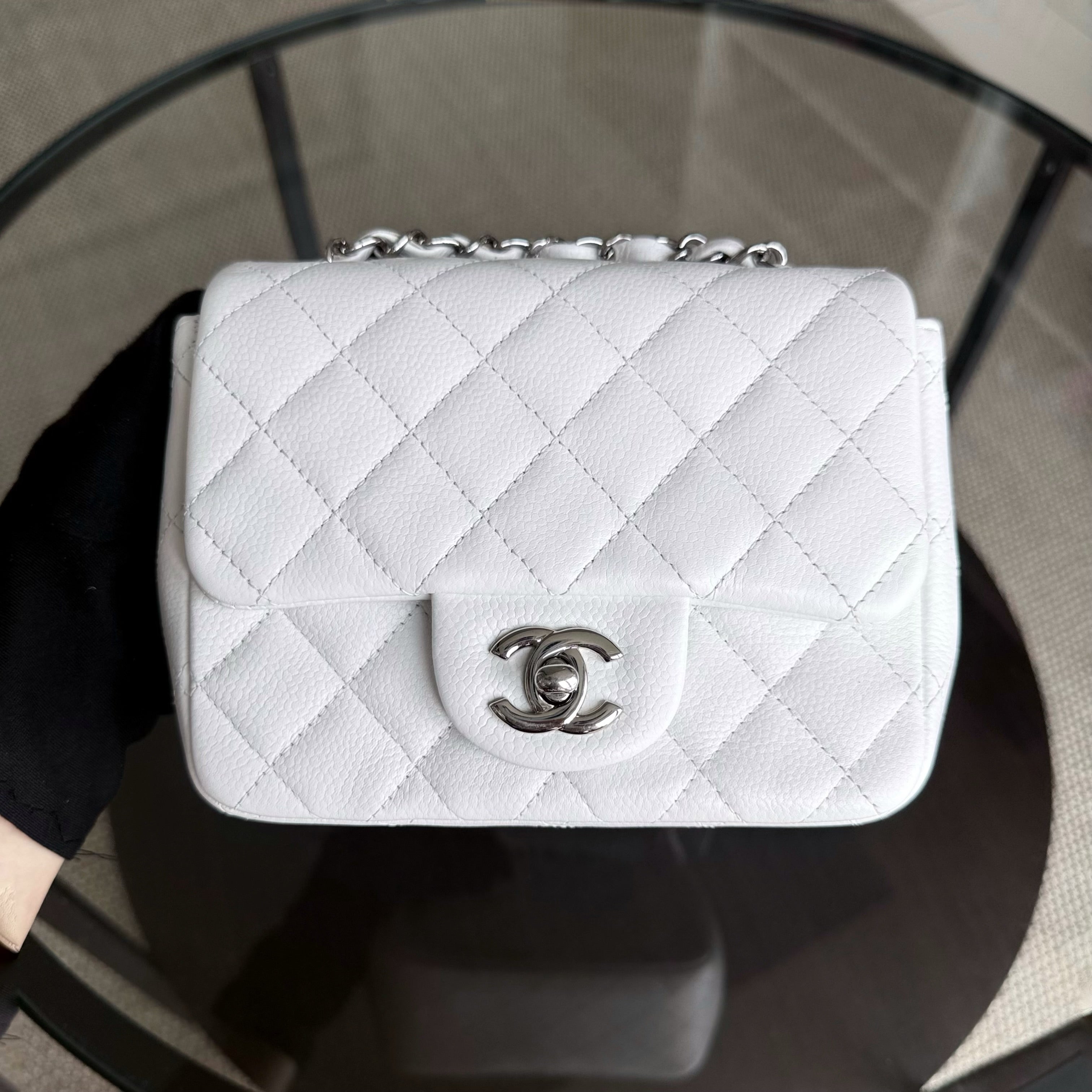 Chanel Classic Flap Mini Square - Caviar Quilted White Silver Hardware Series 18