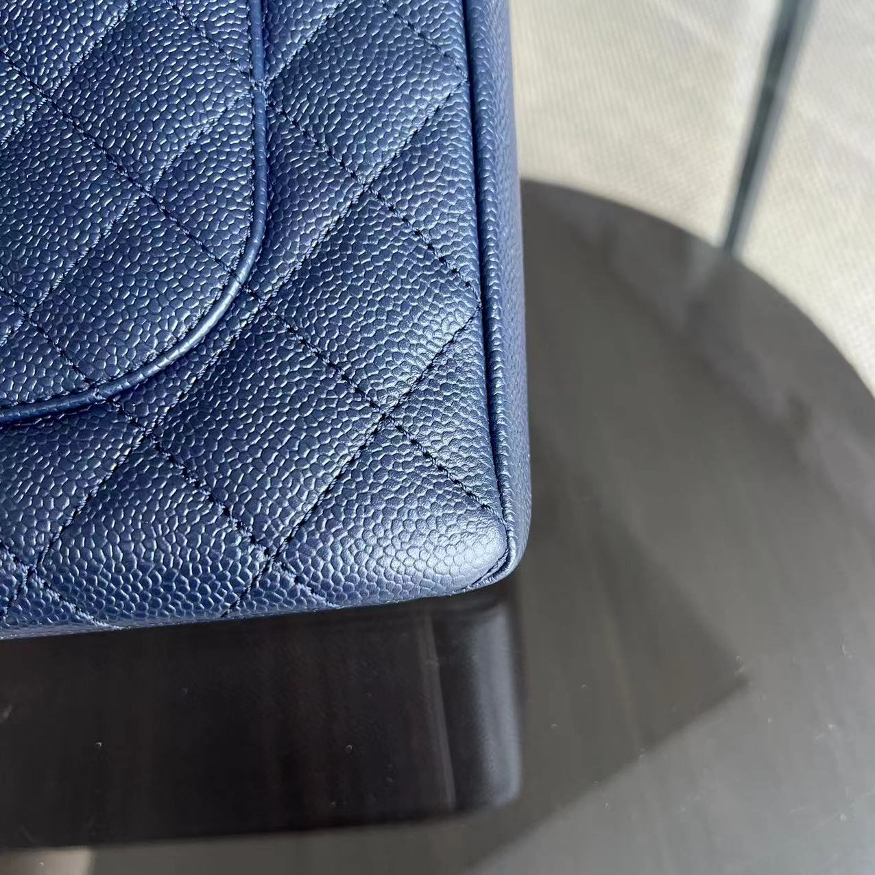 PST Petite Shopping Tote Caviar Quilted Dark Blue Silver Hardware Series 18