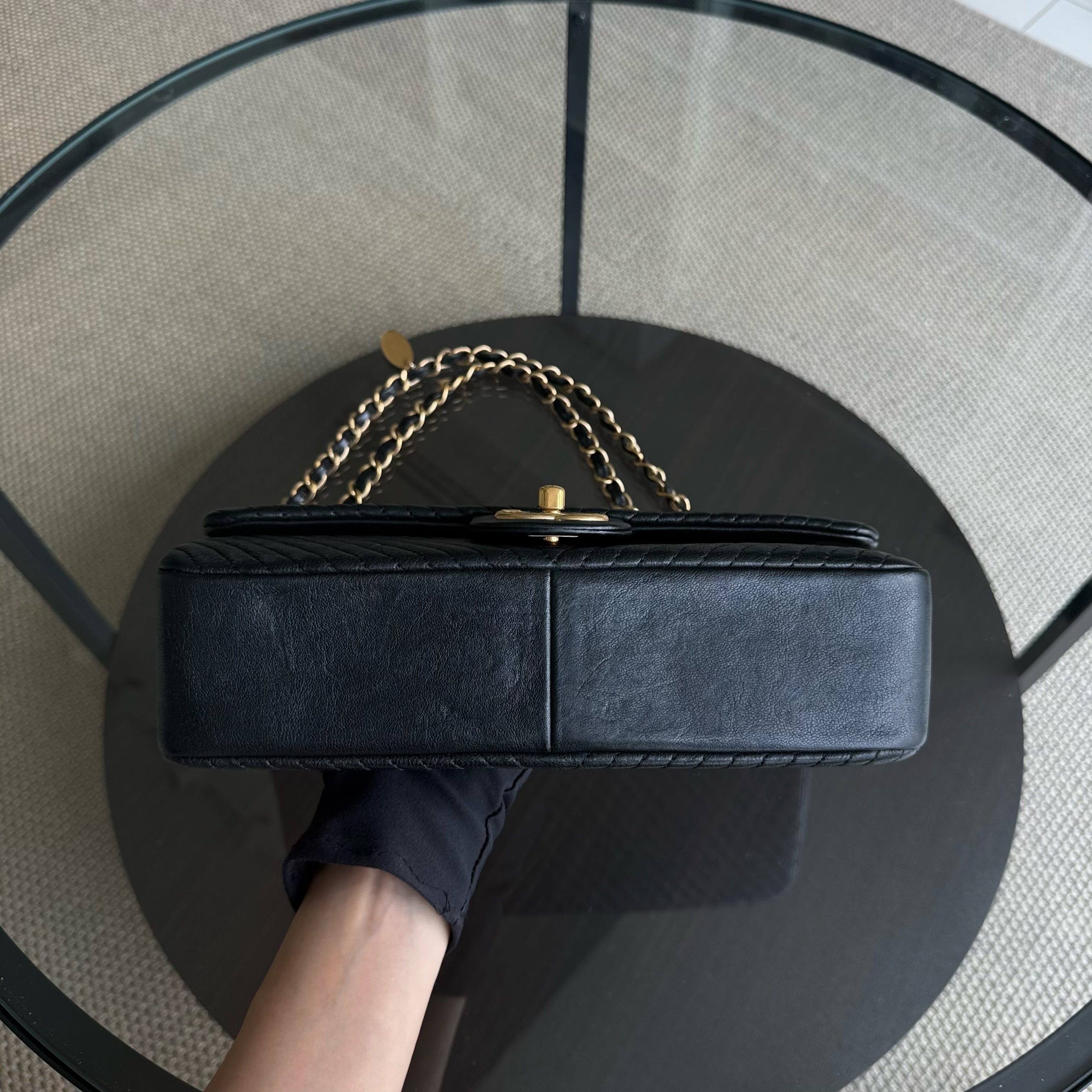 Chanel Seasonal Flap Surpique CC Herringbone Medallion Medium - 25CM Flap Chevron Goatskin Black Gold Hardware Series 20