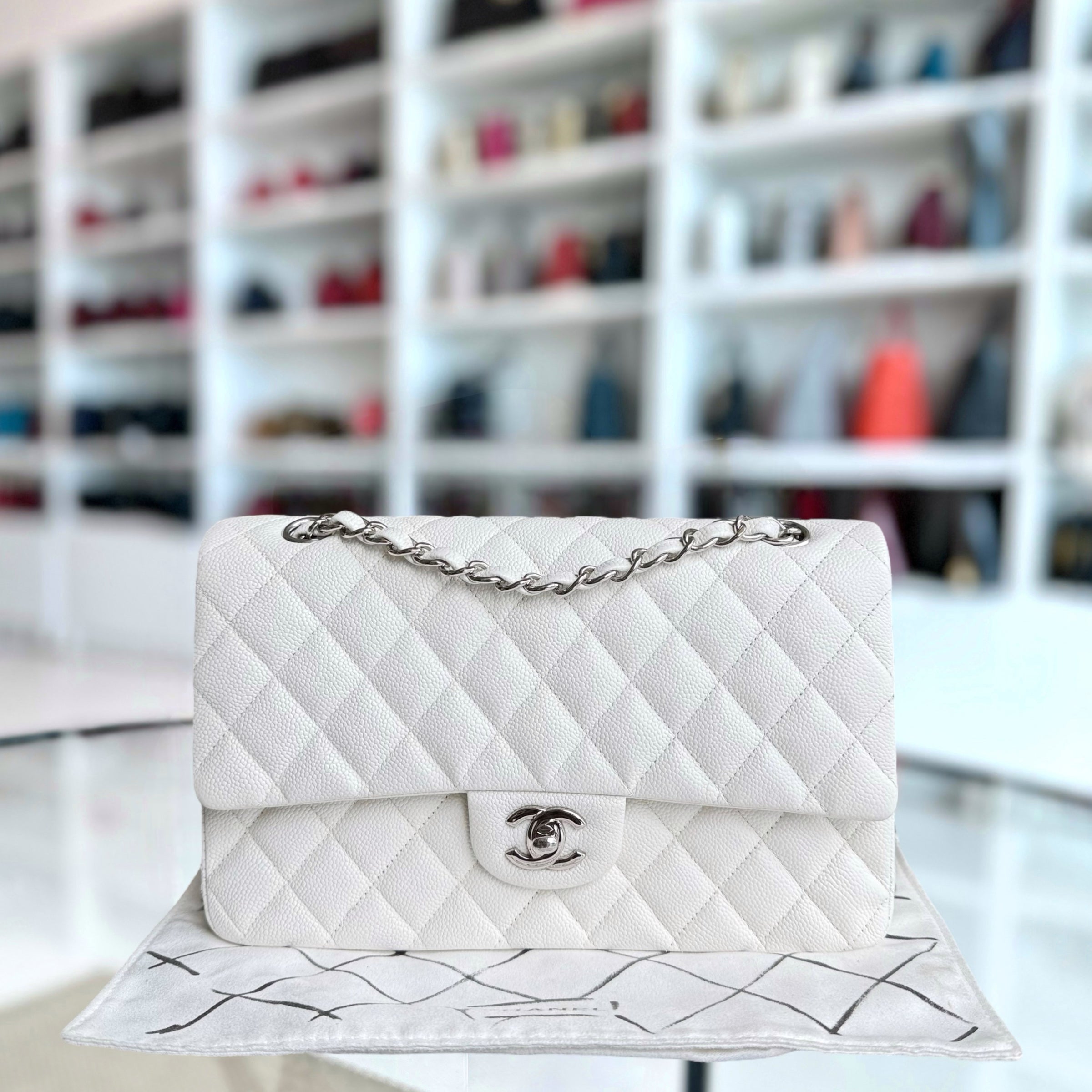 Chanel Classic Flap Medium - Caviar 25CM Quilted White Silver Hardware Series 30