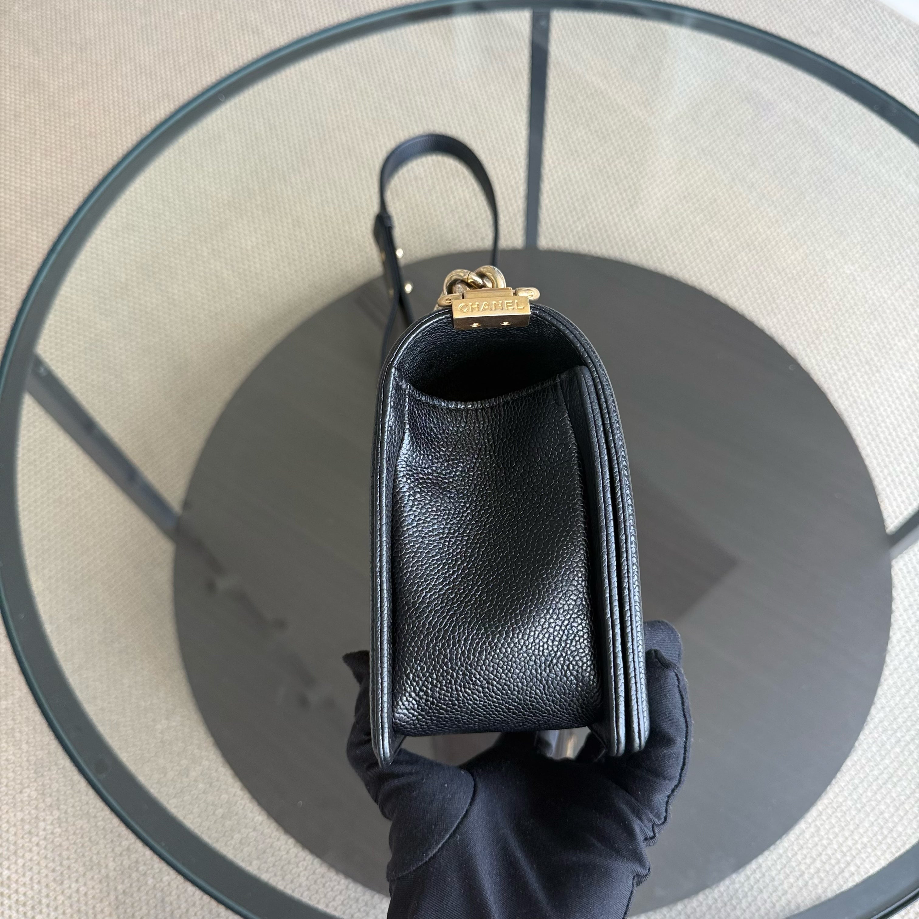 Chanel Boy Medium - Caviar 25CM Quilted Black Aged Gold Hardware Series 23
