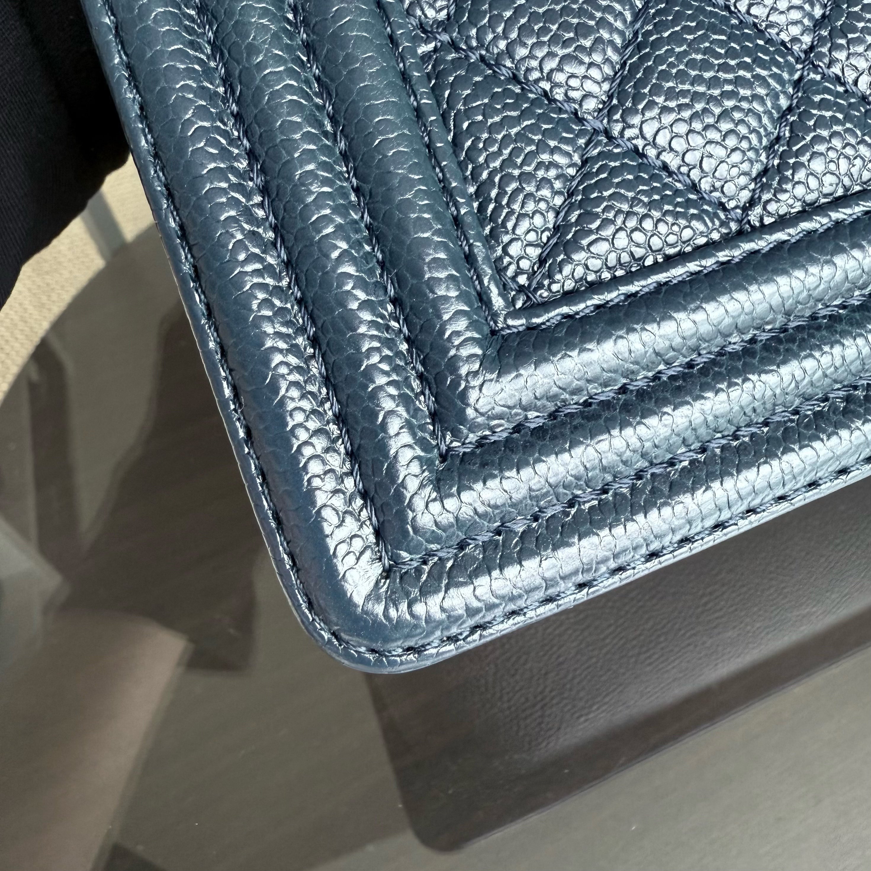 Chanel Boy New Medium - Caviar 28CM Quilted Dark Blue Ruthenium Gold Hardware Series 19