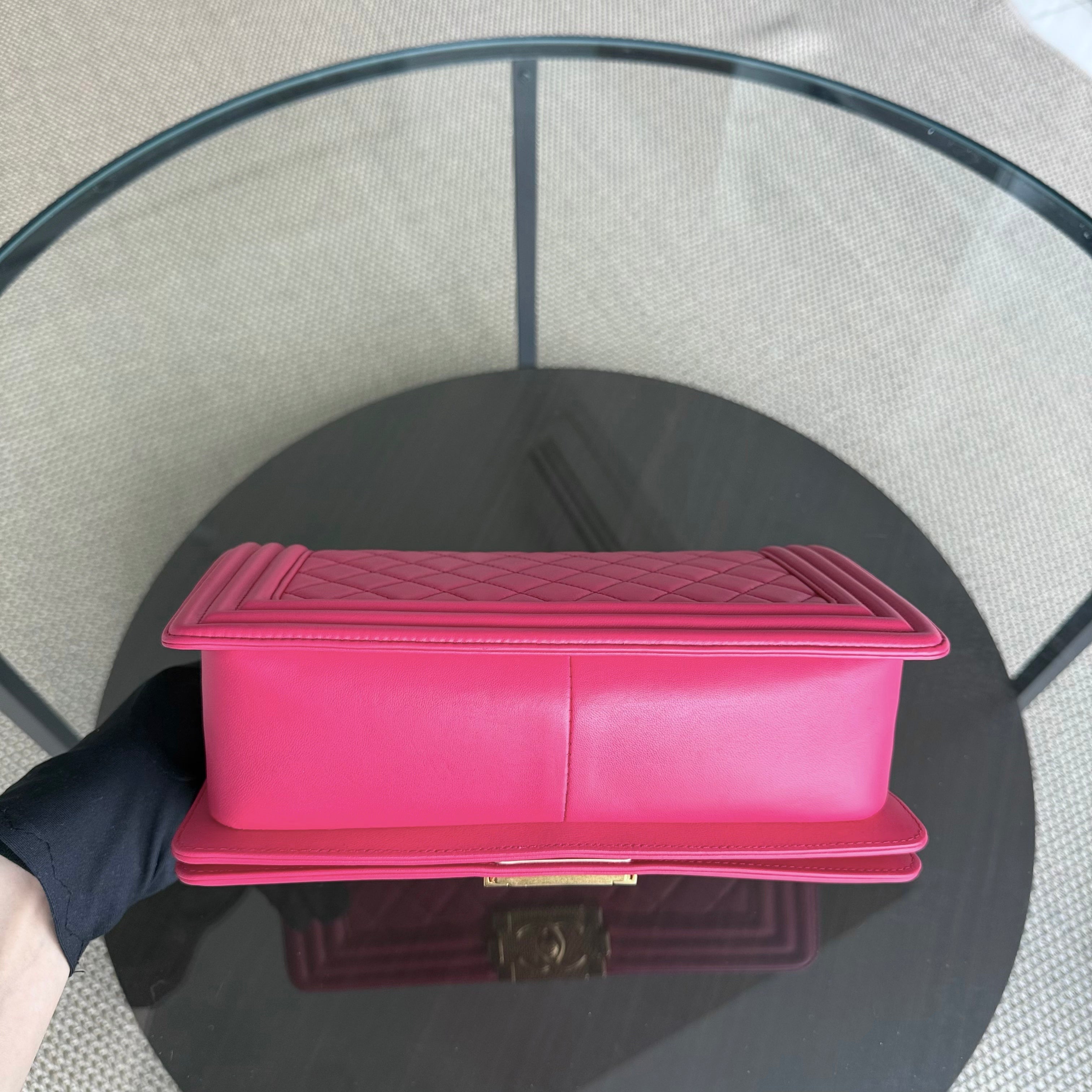 Chanel Boy Medium - 25CM Quilted Lambskin Hot Pink Gold Hardware Series 23